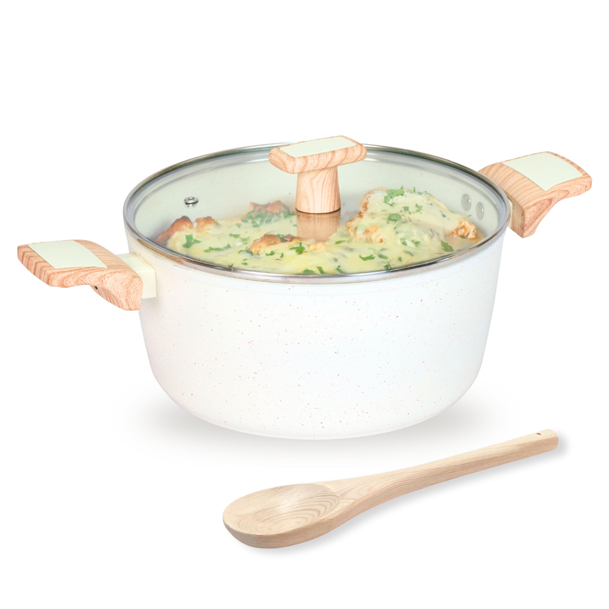 Kreme Ceracook Ceramic Coated Granite Casserole 5.5Ltrs /26cm with Glass Lid, Stew Pot, Biriyani, Rice, ISI Certified, Forged Aluminium, Gas & Induction Use, PFAS & PTFE Free, 1 Yr Warranty, Ivory
