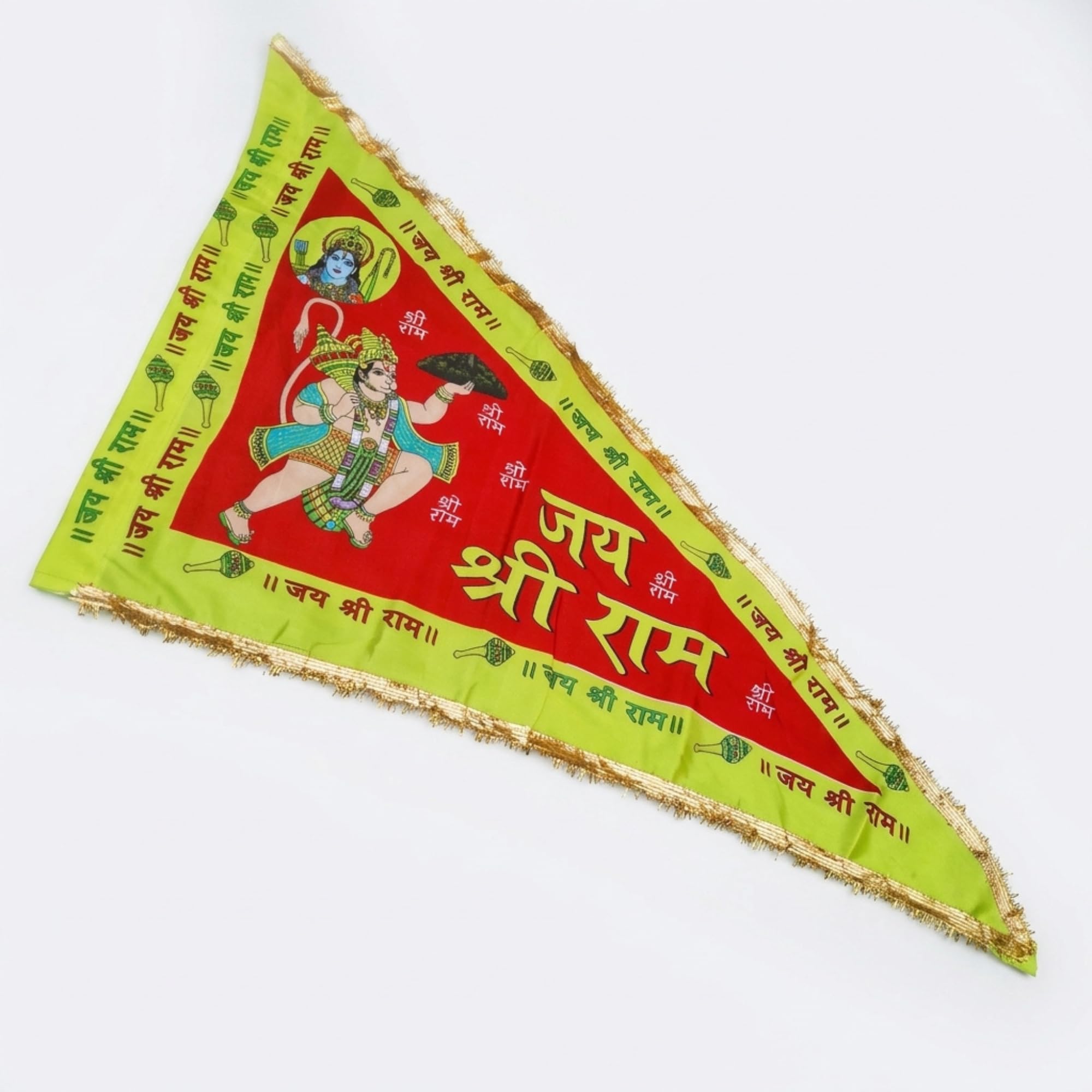 GEJUFF Jai Shree Ram Hanuman Flag 40×60 Inch | Bright Yellow Devotional Triangle Dhwaj with Golden Border | Outdoor–Indoor Religious Flag for Temple, Home, Roof & Festivals-image-15