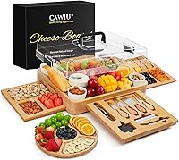 CAWIU Large Bamboo Charcuterie Board with Lid, Utensils, Drawers & Ceramic Bowls - Ideal Housewarming Wedding Gift Set (Black)