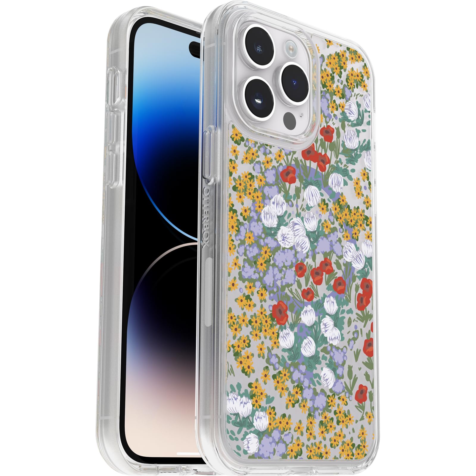 OtterBox Cover per iPhone 14 Pro Max, Symmetry Plus Clear per MagSafe, resistente a shock e cadute fino a 2 metri;sottile,testata 3x norme MIL-STD 810G, Flower Fields
