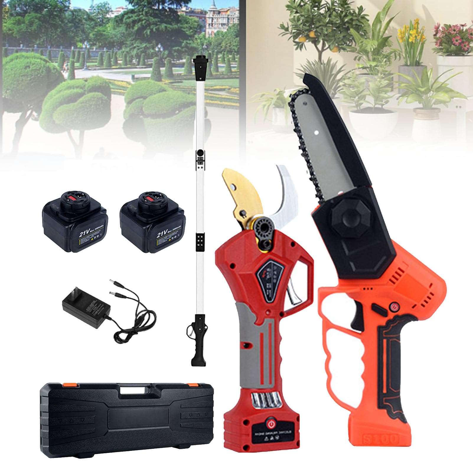 Kit de podadora eléctrica, 2 en 1, 2 baterías, Motosierra inalámbrica de 6 Pulgadas y Tijeras de podar eléctricas con Poste de extensión máximo de 6.2 pies para jardinería, poda de árboles