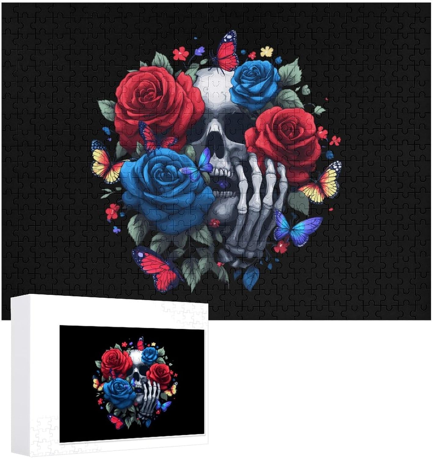 Rose Butterfly Skull Puzzles for Adults 500 PCS Wooden Jigsaw Puzzle Wall Decor Christmas