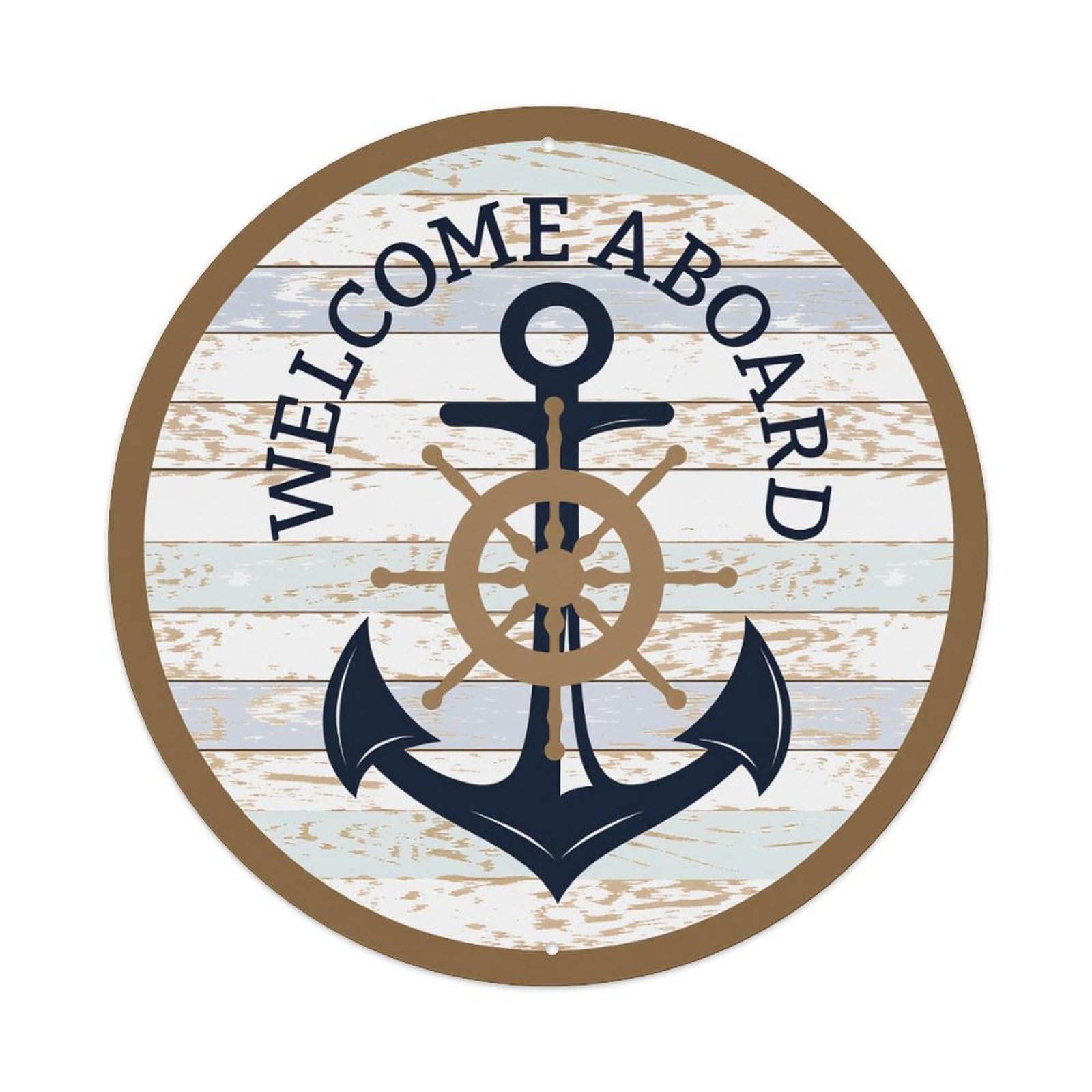 Nautical Anchor And Ship Wheel Design On Wood Background Round Vintage Tin Sign,Retro Wall Art,Metal Poster for Home, Bar, Garage, Cafe, Rustic Indoor & Outdoor Decor, 8x8 Inches