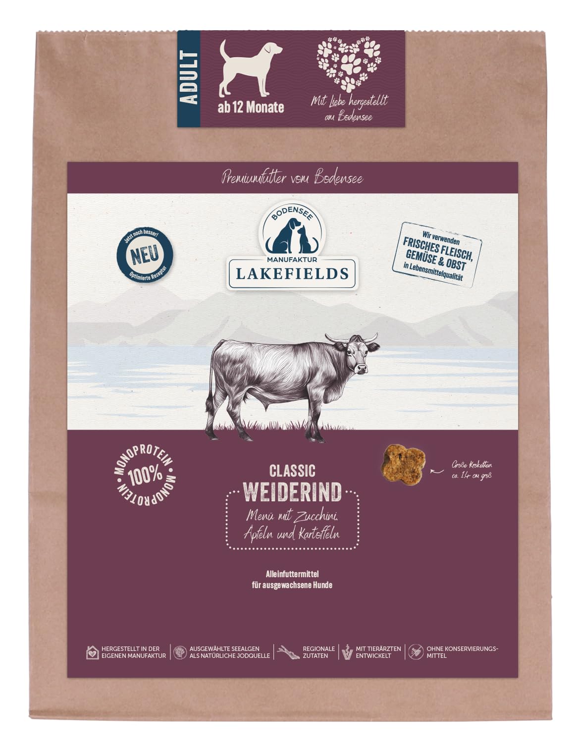 Lakefields Classic Dry Dog Food, Beef 60%, 4 x 1 kg, Grain-Free Dry Food for Adult Dogs, Potato, Apples & Carrot, Food Grade Ingredients, Gently Baked