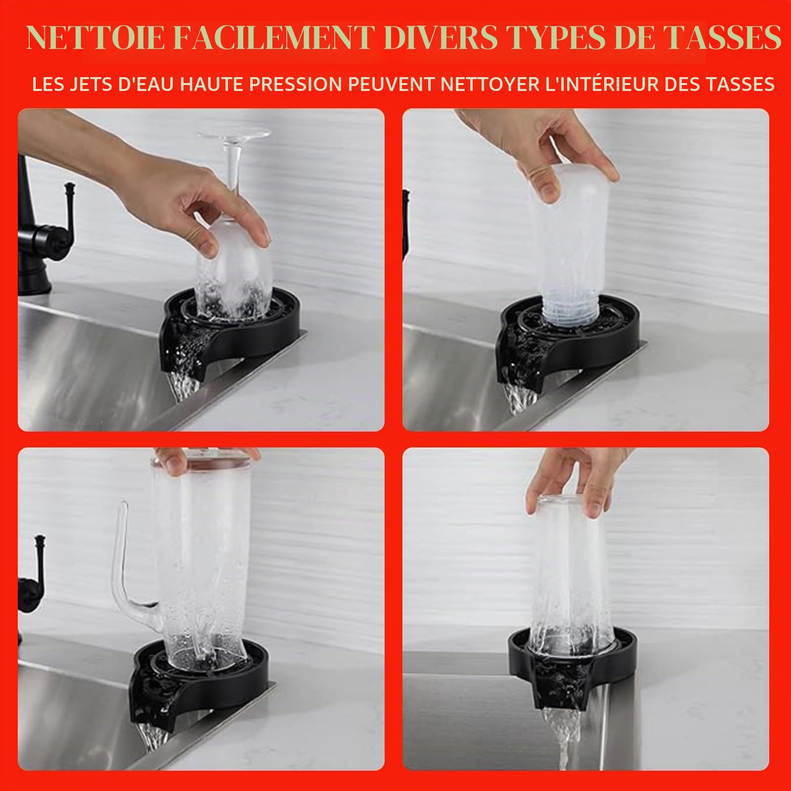 Lave Verre,Lave-tasses automatique, nettoyeur de verrerie à robinet, adapté aux cuisines domestiques, bars, cafés, boutiques de thé à bulles et hôtels. Lave-tasses