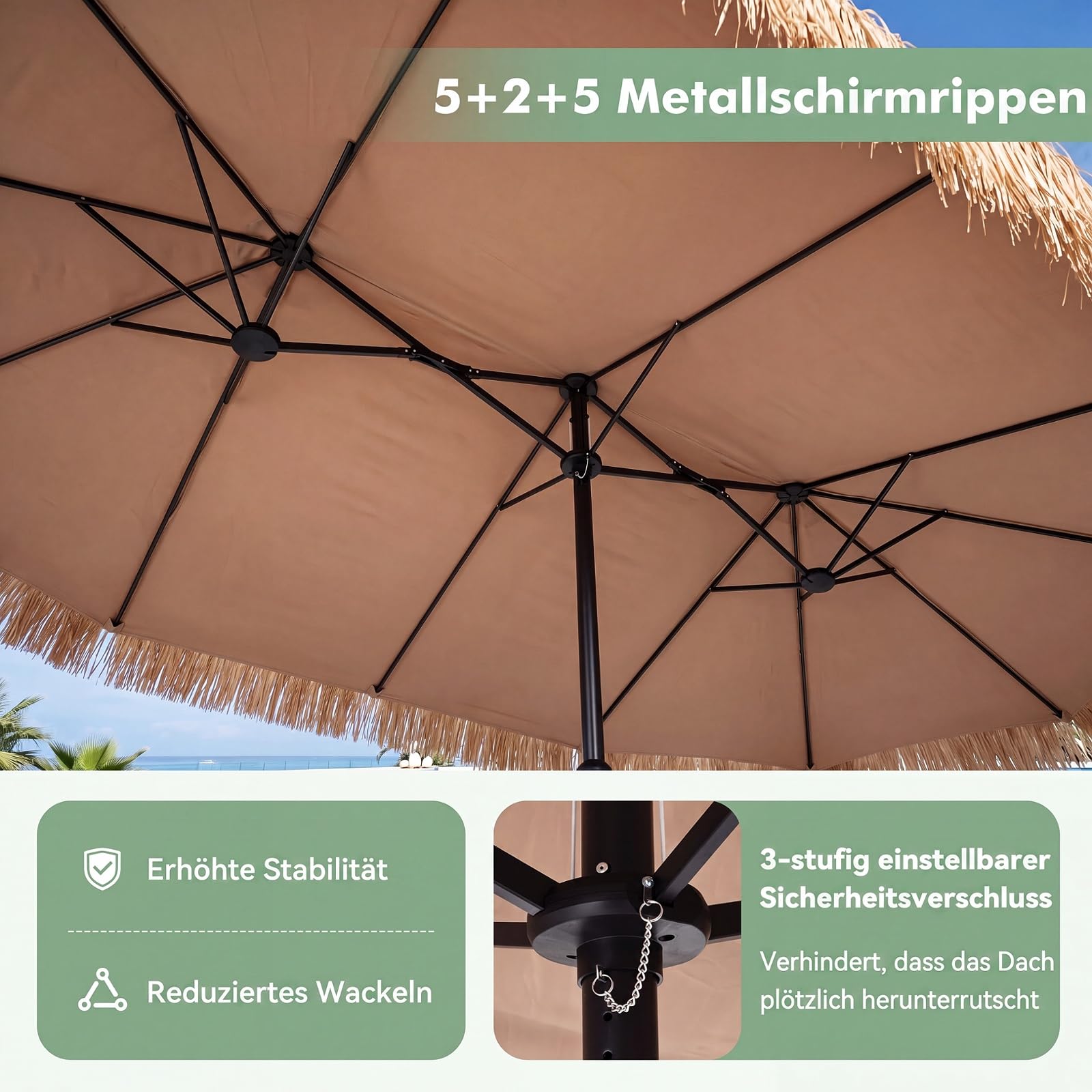 COSTWAY Doppelsonnenschirm 450x260cm, Sonnenschirm Hawaii, Gartenschirm mit Kurbel, Strohschirm Groß XXL, Terrassenschirm, Marktschirm für Garten, Terrasse & Pool
