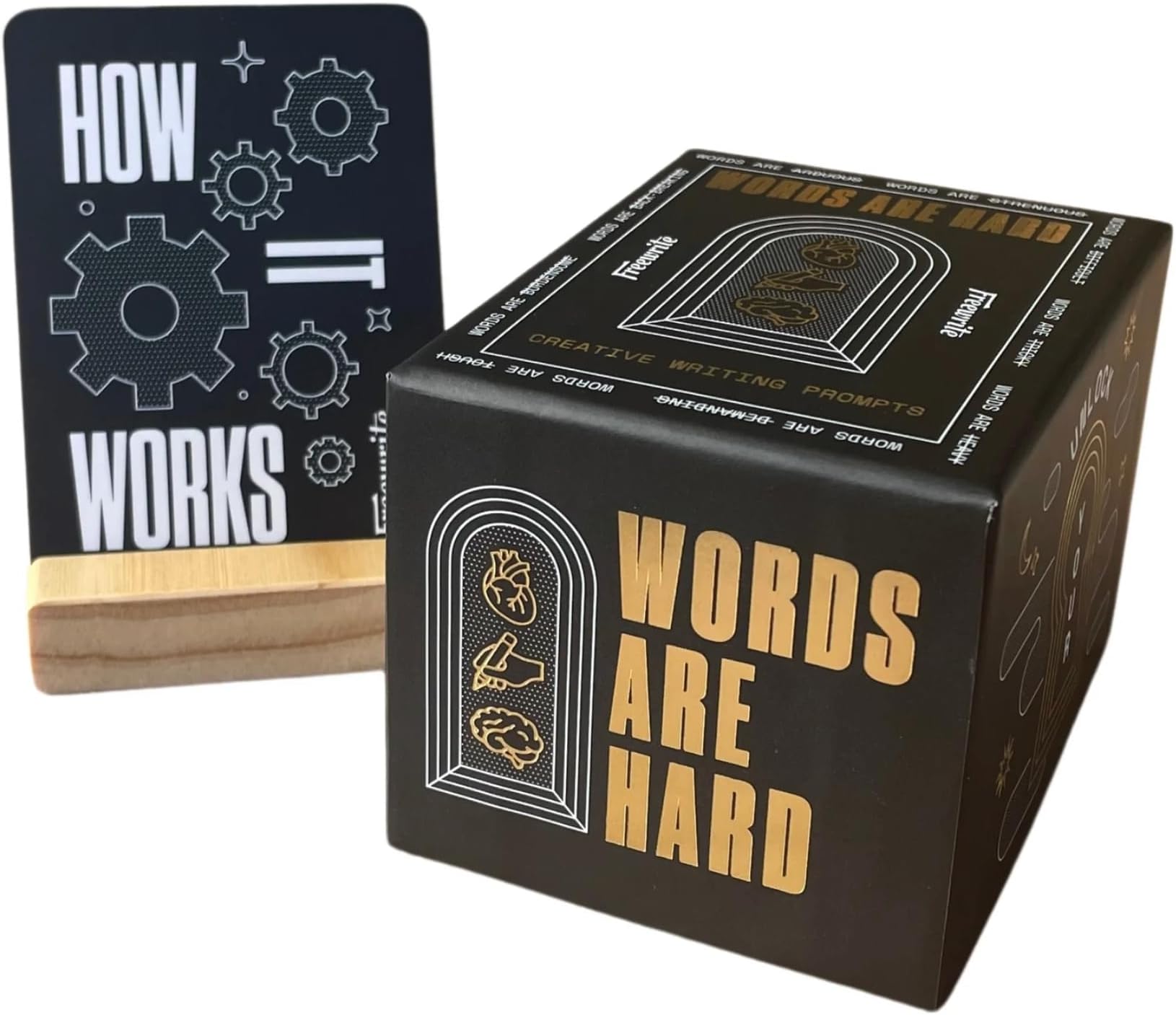 Freewrite Words are Hard Writing Prompt Deck | 150 Creative Writing Prompts for 8 Genres | Gifts for Writers with Inspiring Illustrations | Storytelling Cards with a Custom Wooden Stand