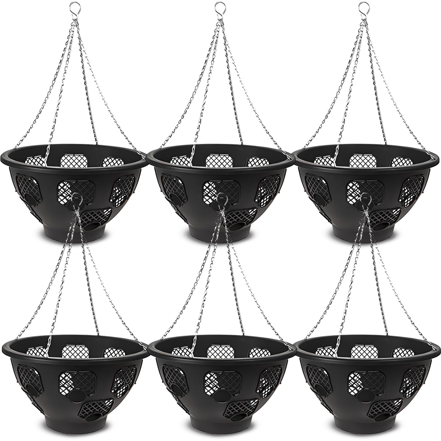 Original Easy Fill Set of 6 Hanging Basket - 14 Inch Black Hanging Planters for Balcony, Indoor, or Outdoor - Plastic Basket for Herb, Flowers, or Plants