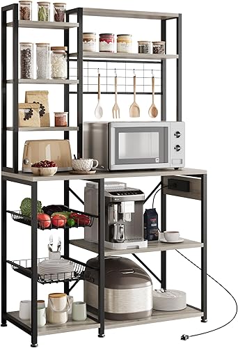 IDEALHOUSE Estante para panaderos con toma de corriente, barra de café con cesta de alambre, soporte para microondas con ganchos en forma de S,