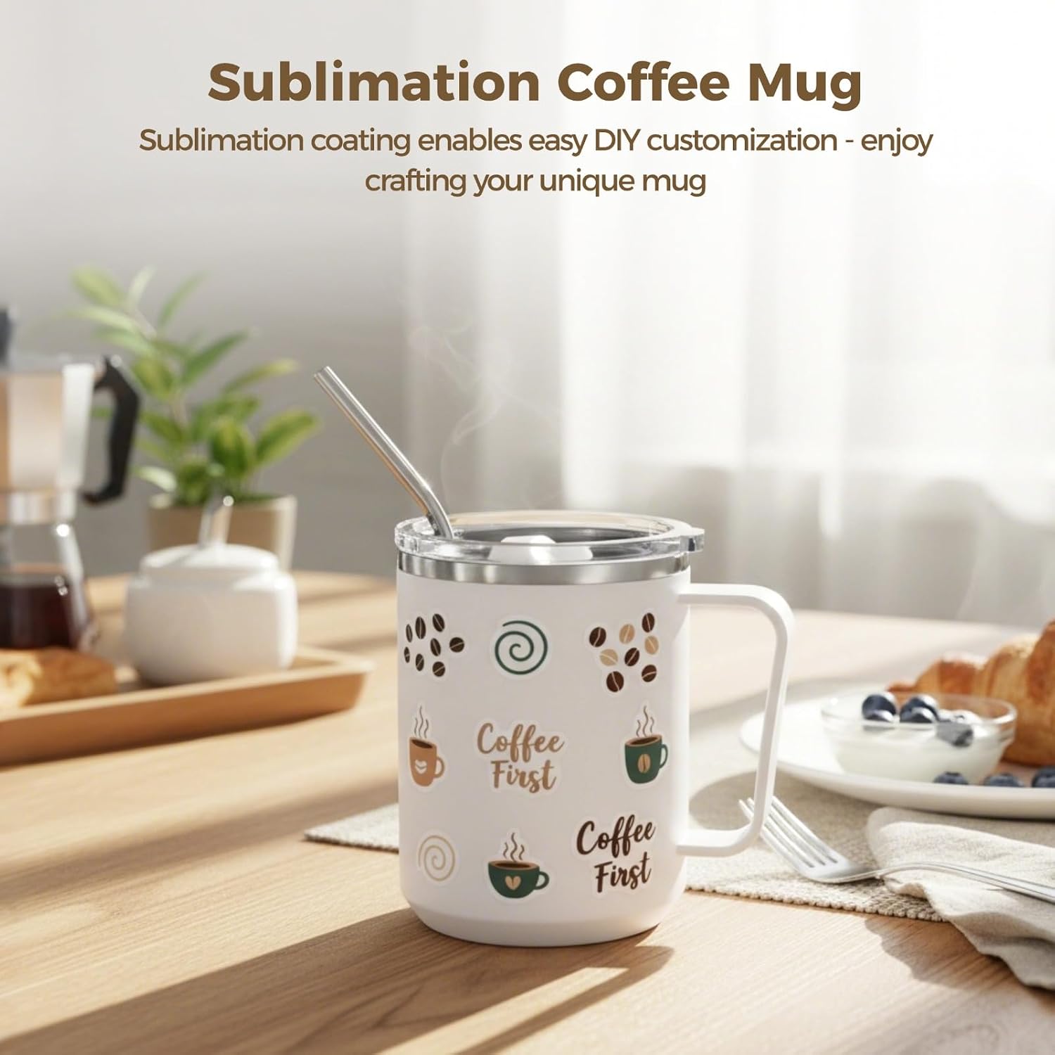 Condition photo showing New/Like New for 6 pcs sublimation coffee mug blanks with handle and lid, 15 oz stainless steel coffee mugs for hot cold drinks, double-walled tumblers, includes straws and brushes