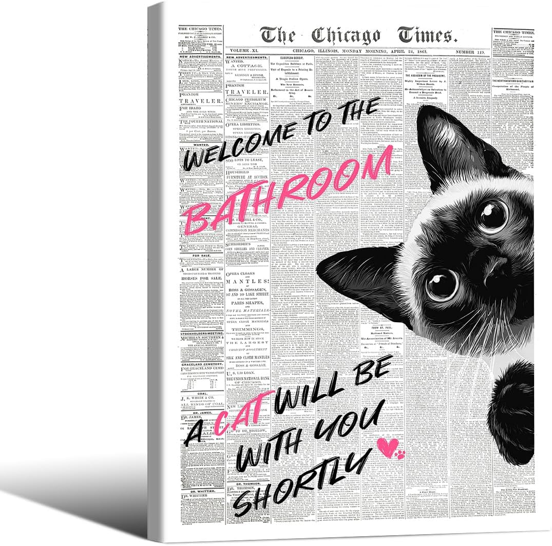 Funny Bathroom Canvas Wall Art Humorous Black Cat Pictures Prints Cute Animal Posters 24x36in Black Framed Trendy Eclectic Cat Room Decor Aesthetic Pink for Home Decoration Kids Bathroom Toilet
