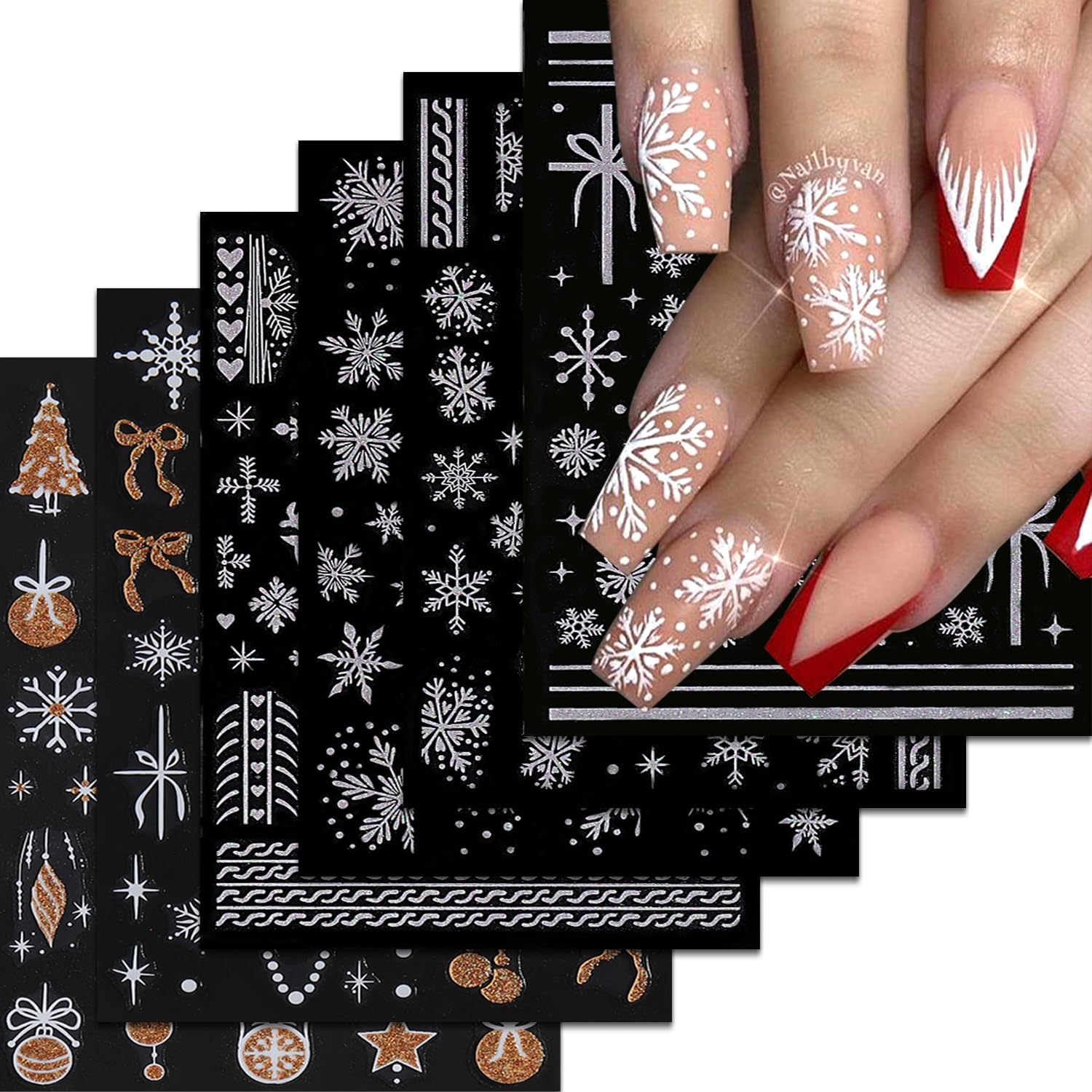 Winter Gold Glitter Christmas Tree Nails Stickers French Tip Nails Art Stickers Christmas Nail Decal with Bow Elk Snowflake Design Nail Sticker for Christmas Nail Art Women's DIY Decoration 6 Sheets