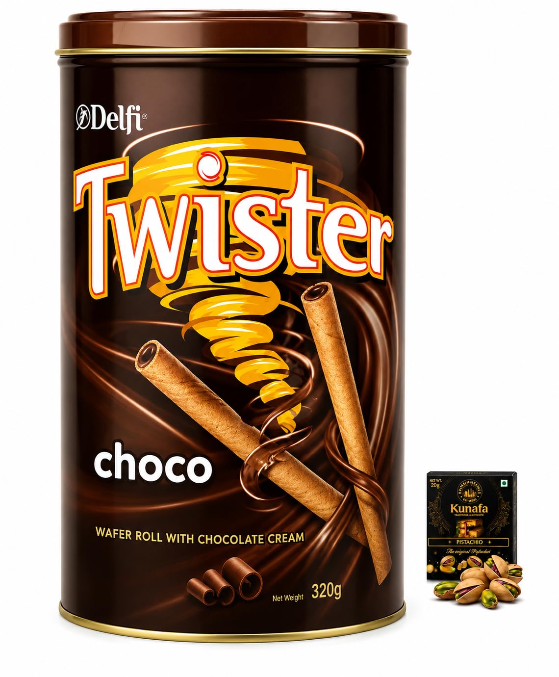 Delfi Twister Chocolate Wafer Roll Cream Smooth Delicious 320g Tin with Free Flavourito Kunafa Pistachio Chocolate Bar, 20g By Decadent Foods-image-46