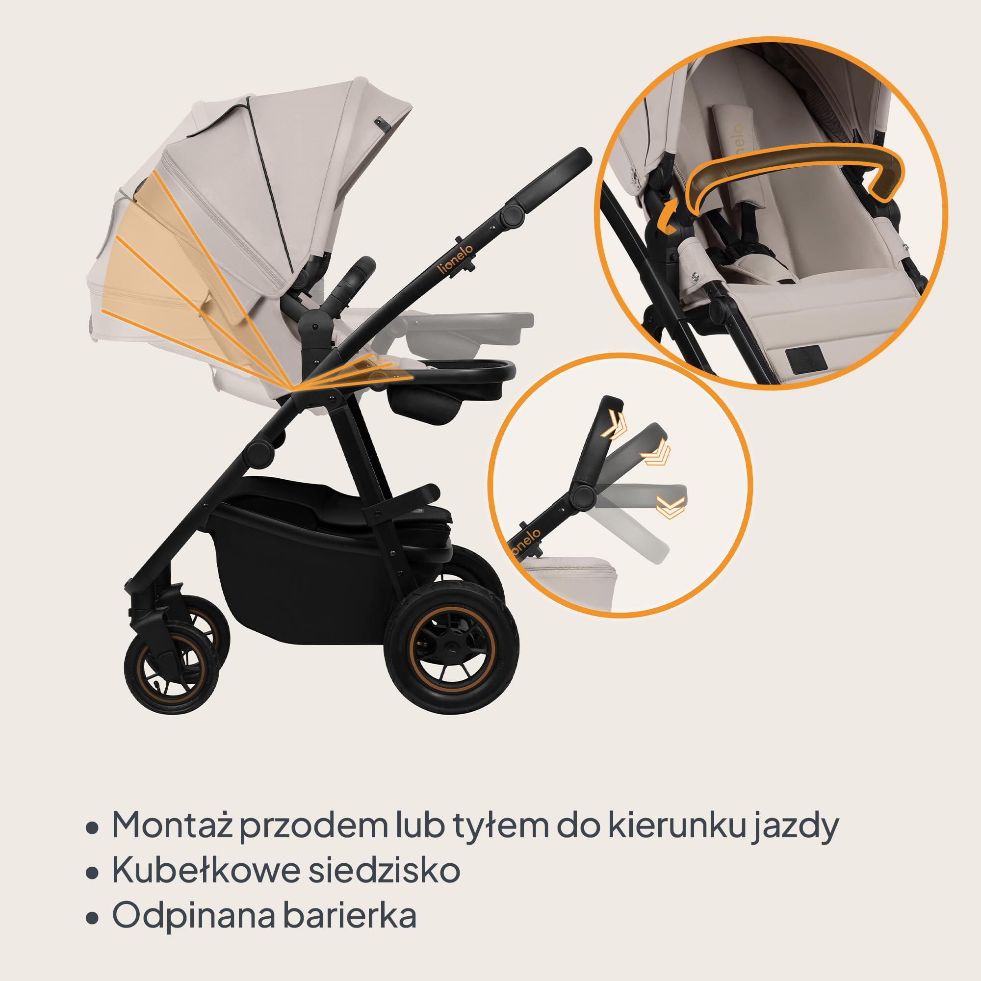 LIONELO AMBER PLUS 2 w 1 Spacerowy Wózek Dziecięcy od 0 do 4 lat do 22kg z Gondolą XL, Regulacja Oparcia, 5 Punktowe Pasy Duże Terenowe Koła 360o Budka XXL Amortyzacja Spacerówka