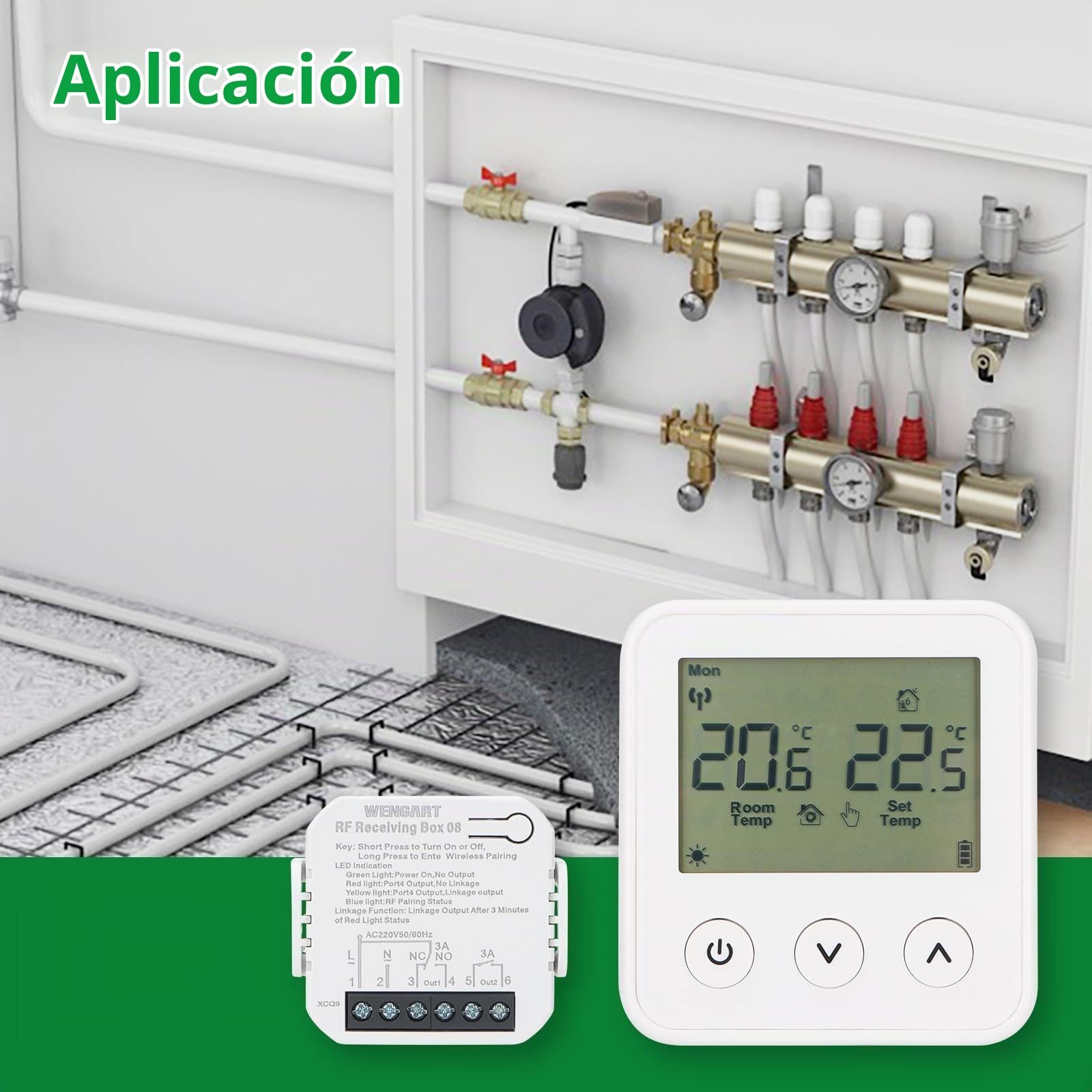 Wengart Termostato Inalámbrico Programable para Calefacción (RF), Receptor con Salida Dual para Caldera de Gas y Suelo Radiante (Agua), Pantalla LCD, Control de Temperatura Sin Hilos, WG01RF
