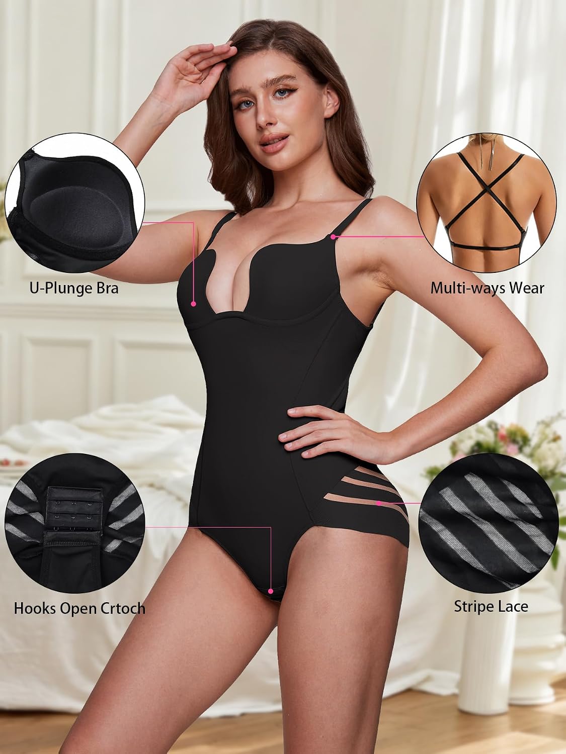 Womens Backless Bodysuit Shapewear Tummy Control Strapless Push Up Body Suit with Cups and Detachable Straps