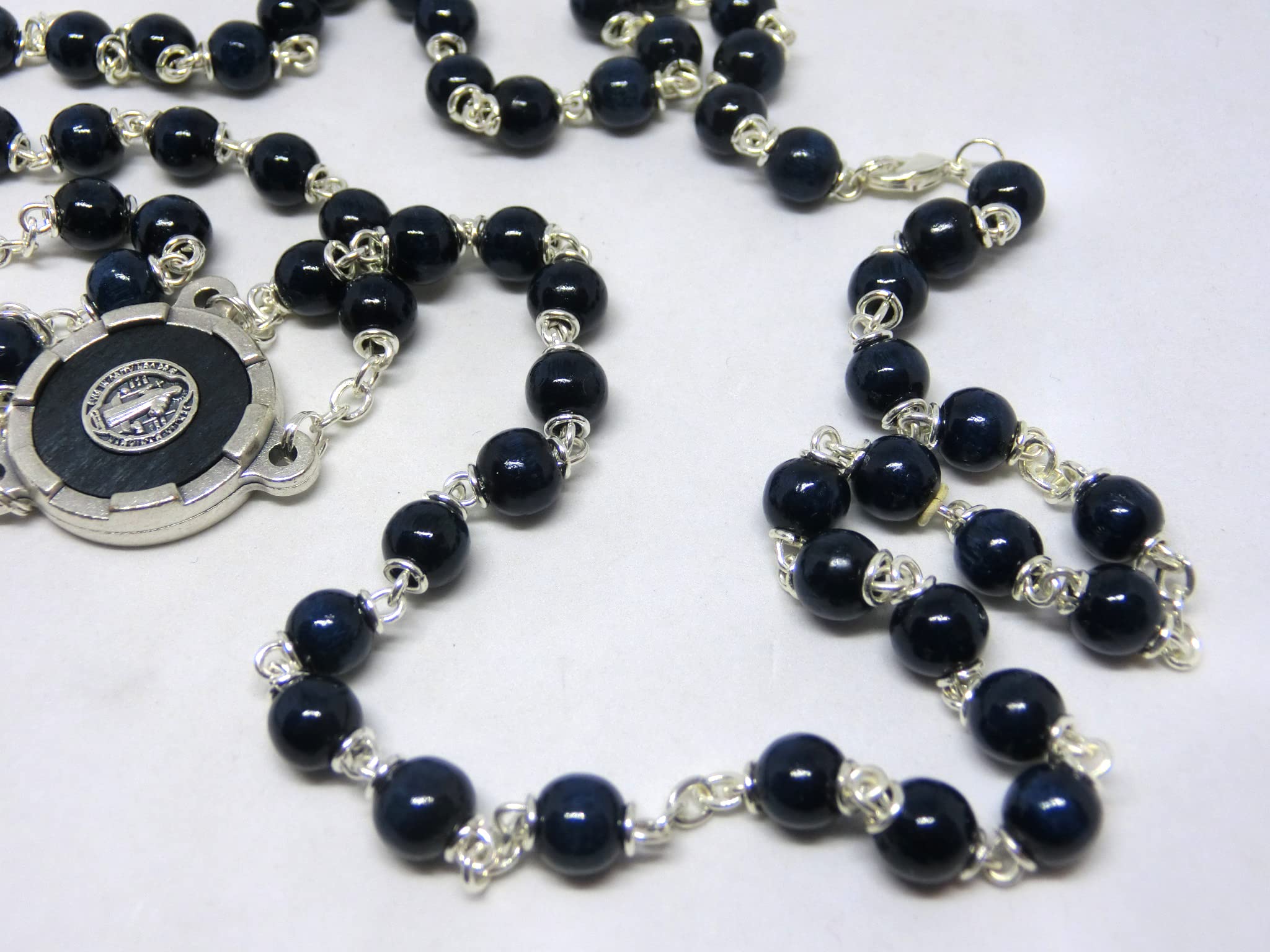 GTBITALY Blu Rosario di san benedetto in Legno 50 GRANI + 9 grani da Collo con medaglia crocera argento esorcista