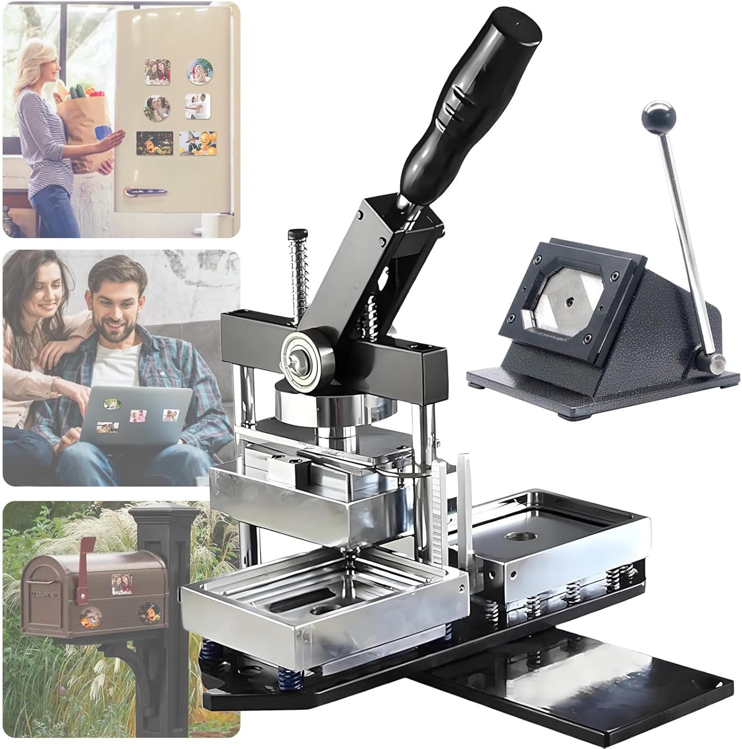 Square Fridge Magnet Maker Machine Kit, Refrigerator Sticker Making Machine DIY Photo Magnet Badge Press Machine with Paper Cutter +100PCS Consumables,90×65mm