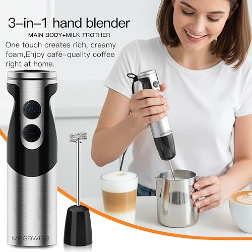 Miniatura 5 de MegaWise Blender - Batidora de mano eléctrica de acero inoxidable de 12 velocidades, 3 en 1, con cuchillas de acero inoxidable chapadas en titanio