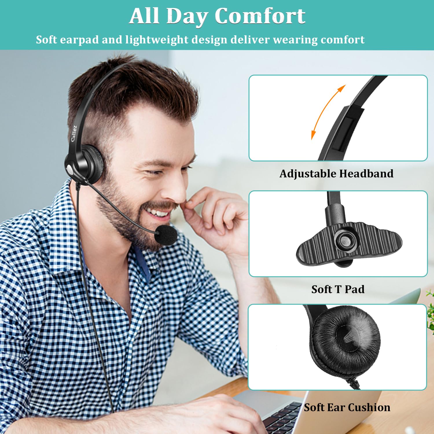 Casque Téléphone Portable Jack 3,5mm avec Micro Anti-Bruit pour PC Ordinateur Portable, Oreillette USB-C Filaire pour iPhone Android Teams Zoom Bureau Travail Visioconférence, Contrôle en ligne