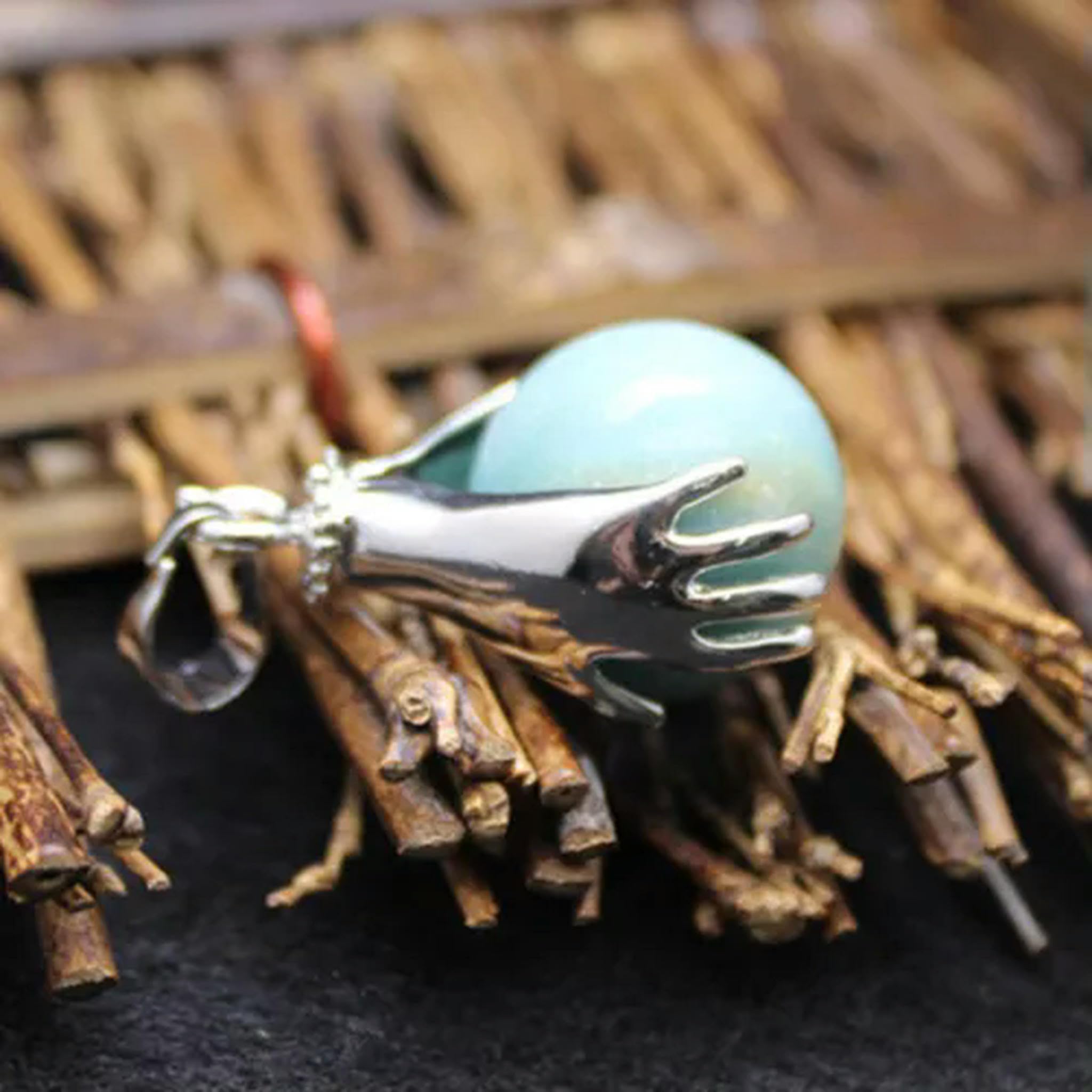 Natural Crystal Gemstone Hands Palm Wrap Ball Round Pendant Beads-Amazonite