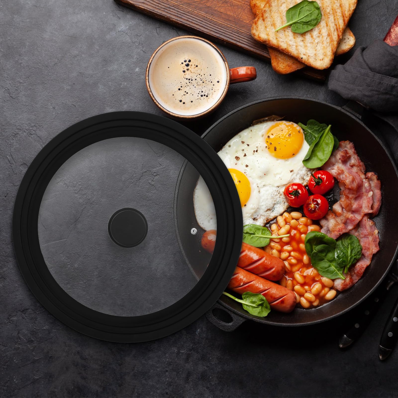 OUNONA Coperchio Nero in Vetro Temperato per Pentola e Padella in Silicone Rotondo, Facile da Pulire, Adatto per Pentole da 22-26 Cm