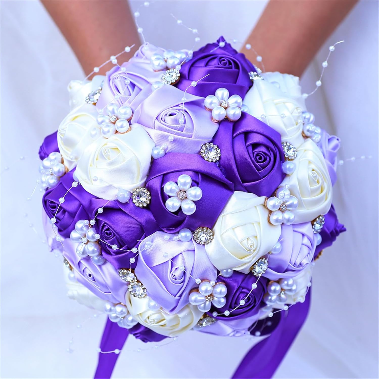 Handmade Rhinestone Bridal Bouquet Crystal Wedding Round Tossing Bouquet Artificial Flower Bunch for Bride Bridesmaid