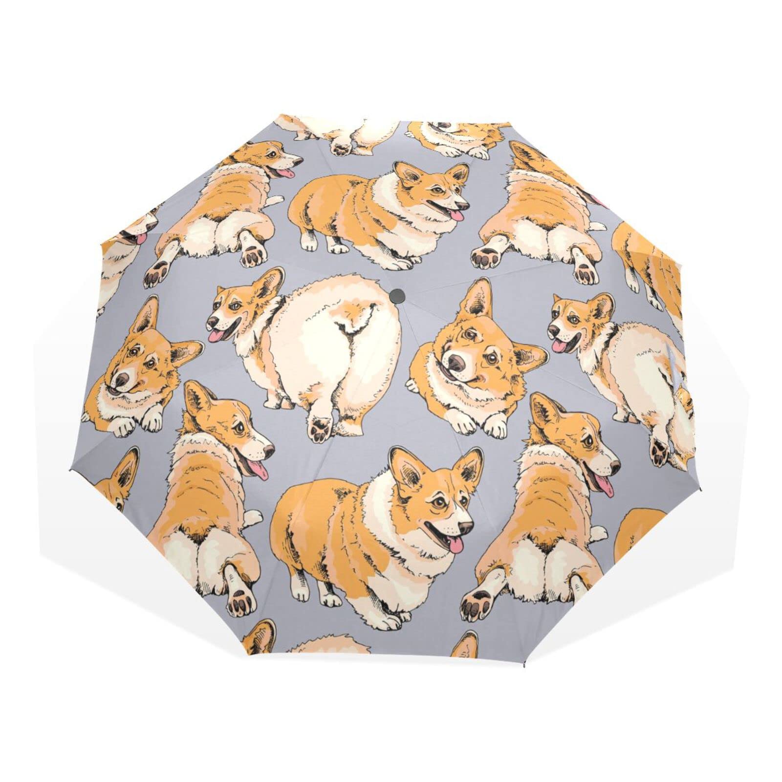 Poeticcity Unisex Multi 4 Funny Cute Welsh Corgi In A Different Poses Butt Humor Textile Rain Travel Umbrella, Hand Open Close Windproof Waterproof Folding Umbrella, Compact Canopy Strong Ray Parasol Umbrella
