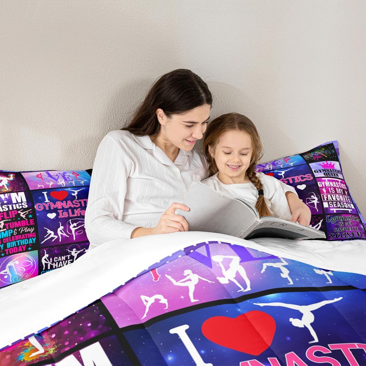 Homewish Gymnastics Lovers Girls Comforter Set Twin Size,Vivid Cheerleader Silhouette Bedding 2pcs for Kids Teens Woman Room Decor,Plaid Patchwork Quilt Set,Purple Colorful Duvet Insert,1 Pillowcase image 2