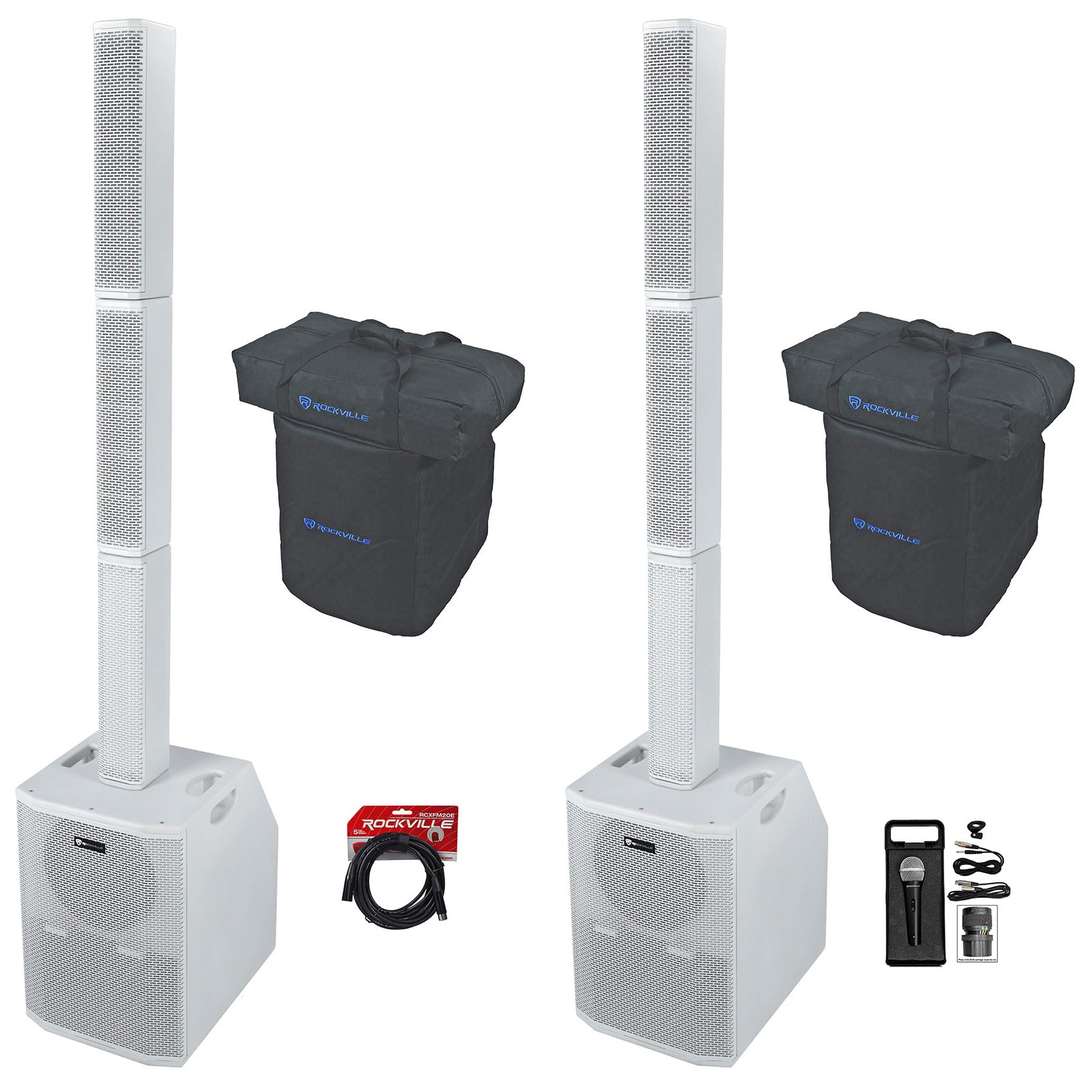 Rockville Bundle: (2) Titan Array System White Pro Powered Column Array Speaker Bundle with RCXFM20E-B Female to Male XLR Mic Cable and RMC-XLR Wired Microphone Mic w/(2) Cables (4 Items)