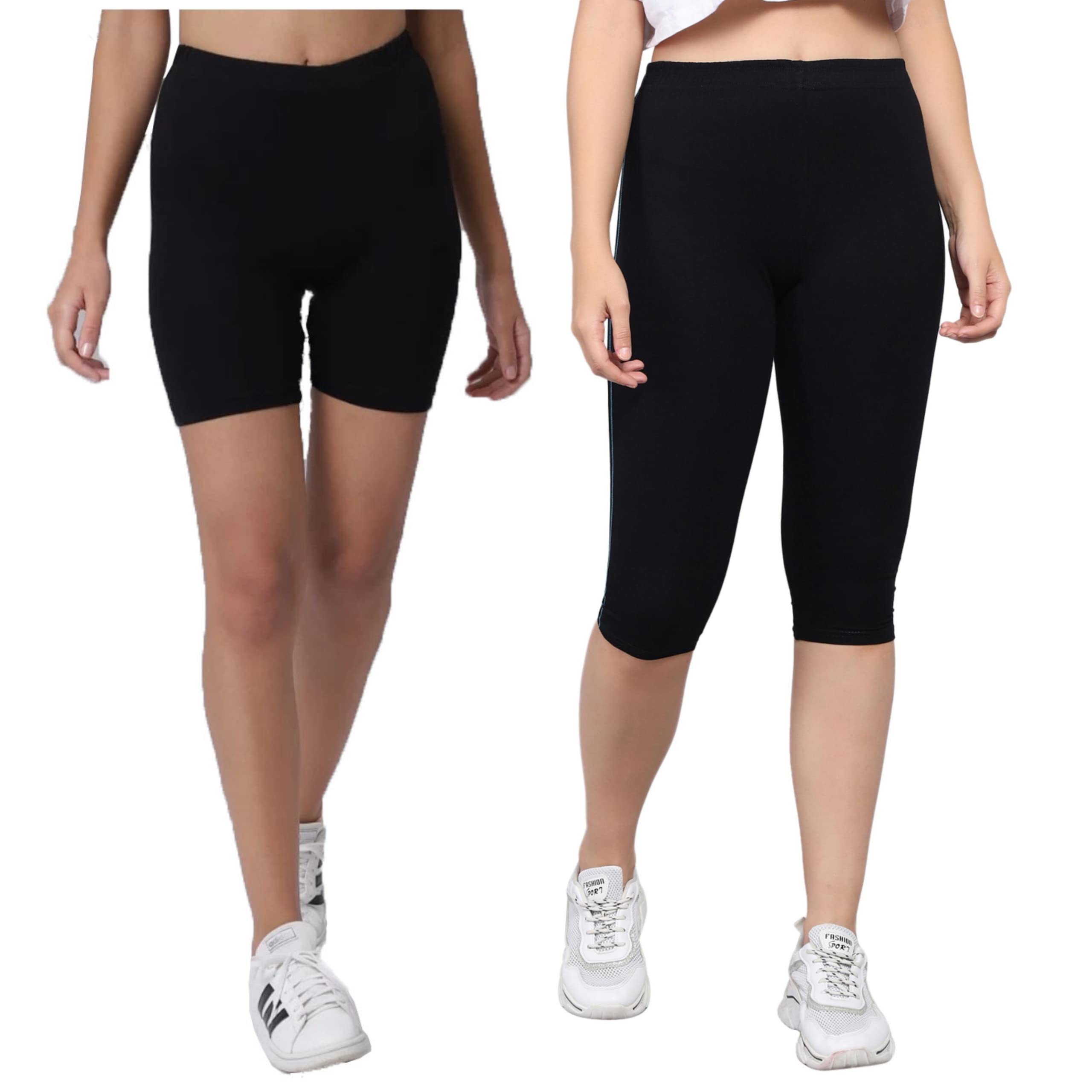 Pinkshell Plain Capri and Short Combo for Women Calf Length Capri Active Workout Running Trendy Cotton Lycra Capri and Slim fit Cycling Yoga Shorts-image-10
