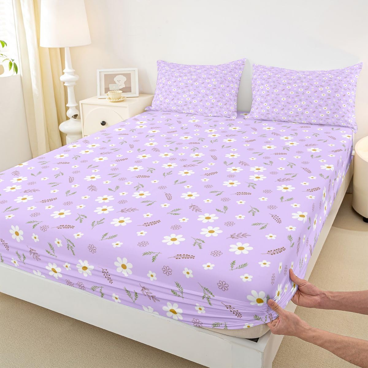 Homemissing Sábana bajera ajustable con 2 fundas de almohada, tamaño King, con diseño de flores de flores, 16 pulgadas de profundidad, sábana bajera ajustable para niños y niñas, decoración de