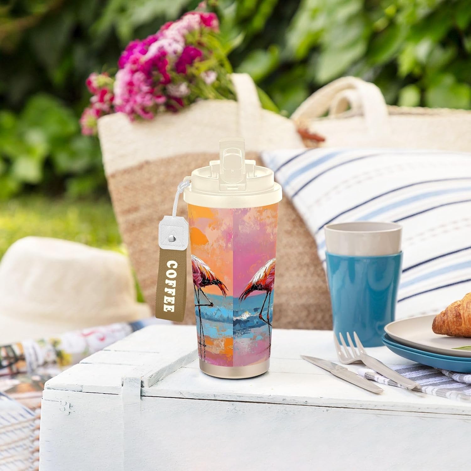 Flamingo Beach Sunset Insulated Coffee Mug with Straw & Flip Lid, 16.9oz Iced Tumbler Cup, Double Wall Vacuum Leak-Proof Mug for Travel Office