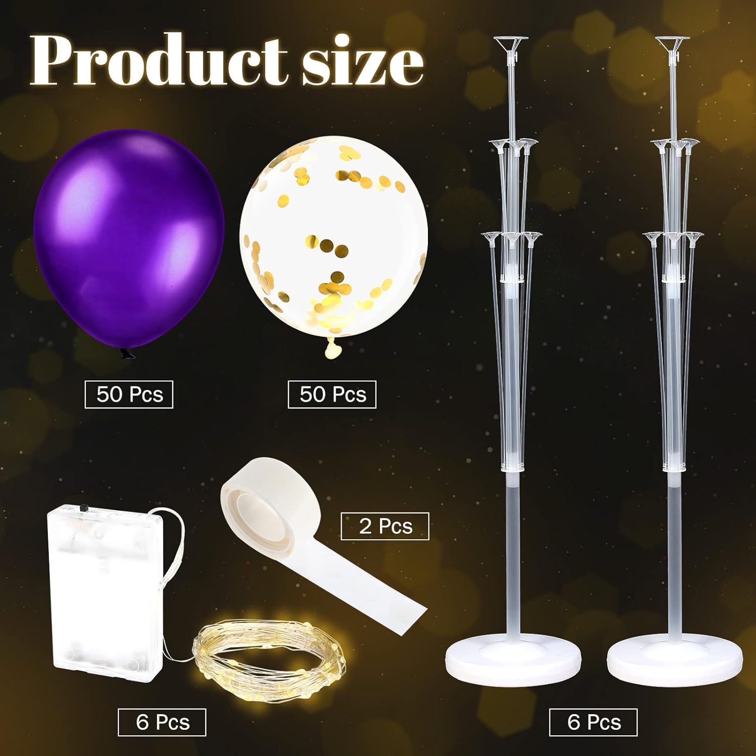 Wettarn 6 Set of Christmas Balloon Stand Kit for Floor with Balloons Light Strings Holder Centerpieces Balloon Column Kit Birthday Baby Shower Wedding Party(Gold Sequin, Purple)