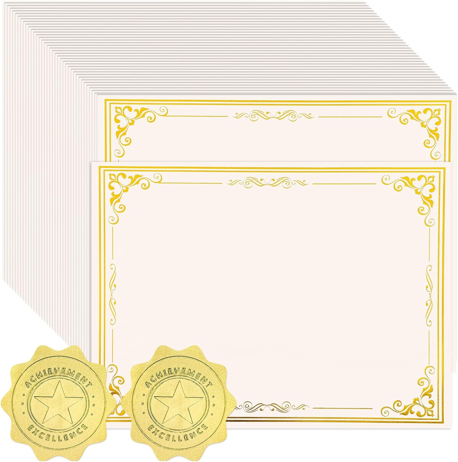 100 Sheets Certificate Paper with 100 Pcs Gold Seal Stickers, 8.5 × 11'' Printable Award Certificates for Graduation Marriage, Business Awards, Employee Recognition, Teacher Appreciation Certificates