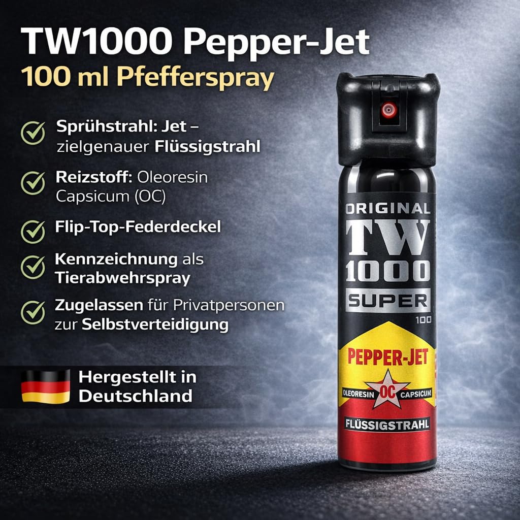 Pfefferspray 100 ml Weitstrahl Jet Pepper-Jet Super 100 zur Tierabwehr mit Flip-Top-Deckel