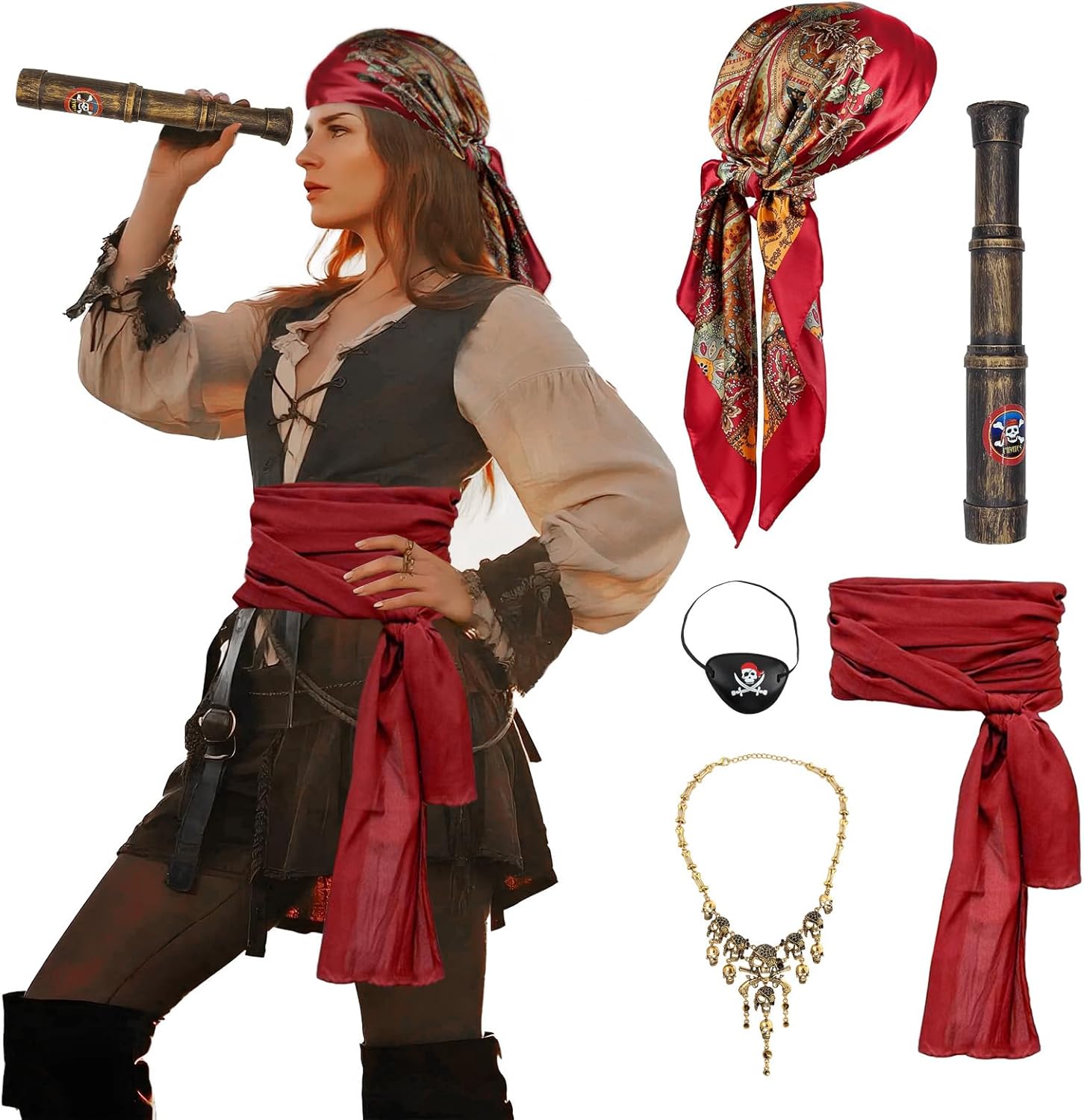 pirate costume accessories for women with bandana head scarf eye patch necklace telescope outfit halloween accessories for woman
