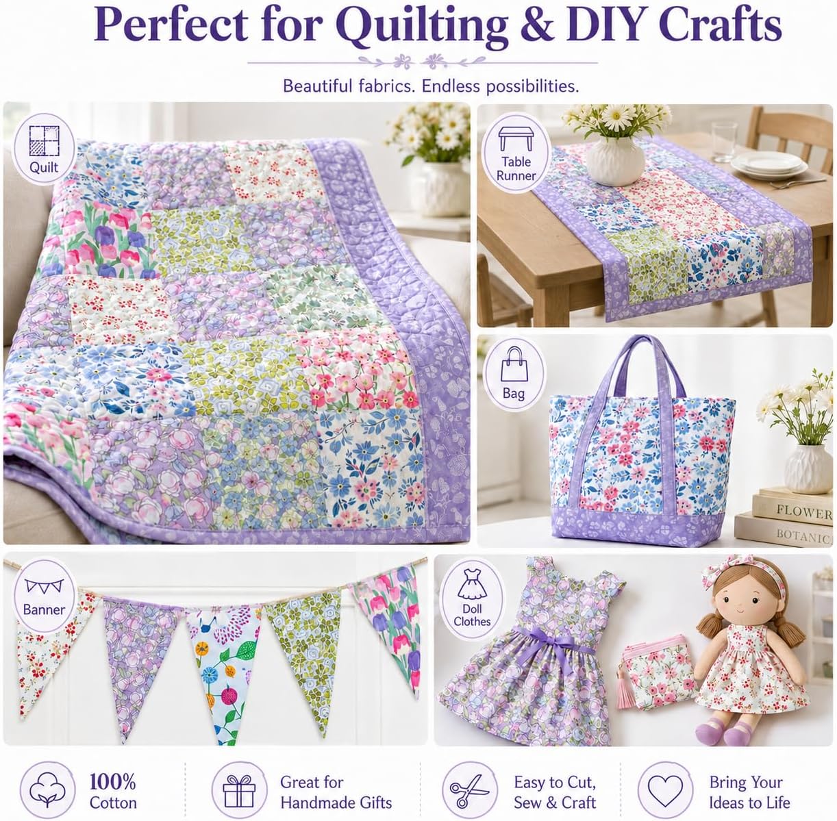 DMFR 42 Pcs Floral Layer Cake Fabric 10 x 10 Inch, 100% Cotton Precut Quilt Squares, 42 Different No Repeat Flower Patterns for Quilting, Sewing, Patchwork and DIY Crafts