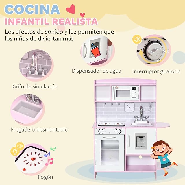 Foto 3 de 8 de HOMCOM Cocina de Juguete de Madera con Luz Sonidos Horno 70x29x90 cm Rosa