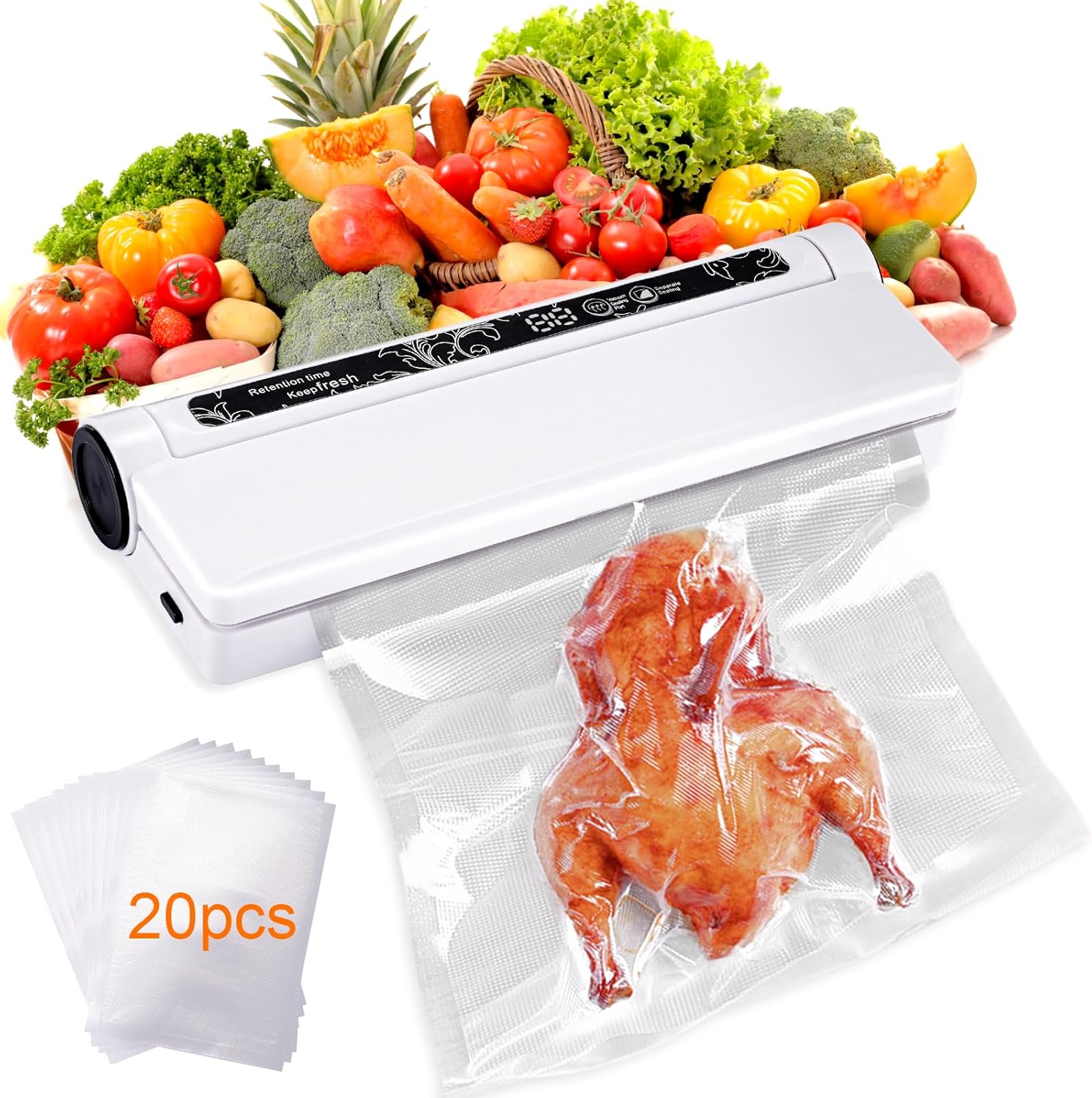 Vacuum Sealer Machine for Food, 75KPA Strong Suction Fast-Compact Multi-Functional Food Sealer with 20 Food Vacuum Bags, Dry/Wet Modes Food Saver Vacuum Sealer Machine with Digital Countdown Timer