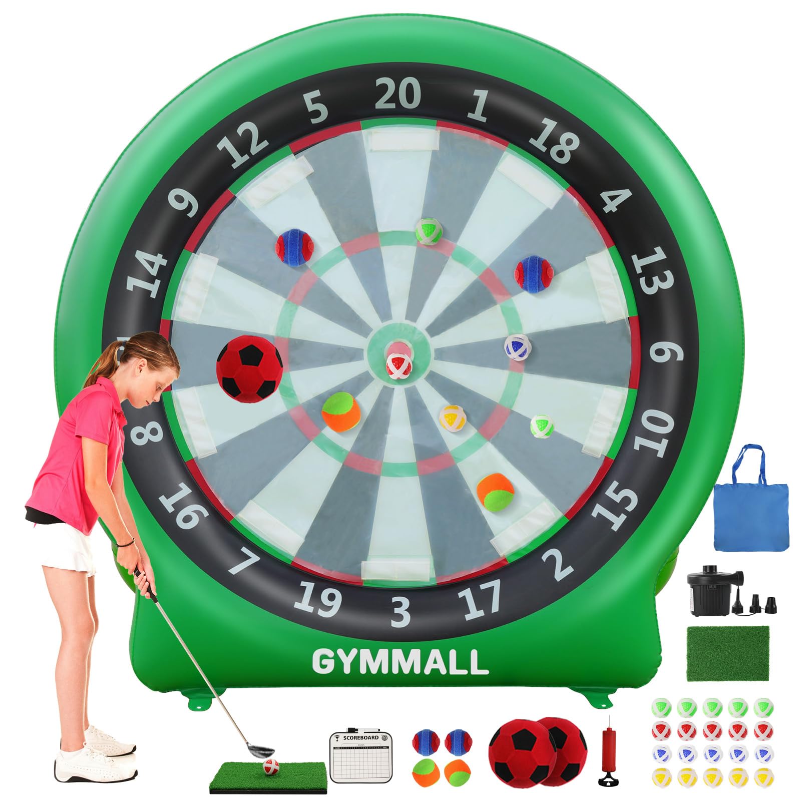 GYMMALL Giant Dart Board Inflatable with Pump, Outdoor and Indoor Soccer Sport Kick Dartboard for Kids and Adults, Waterproof Darts Board Yard Game with 20 Golf Balls, 4 Sticky Balls, 2 Soccer
