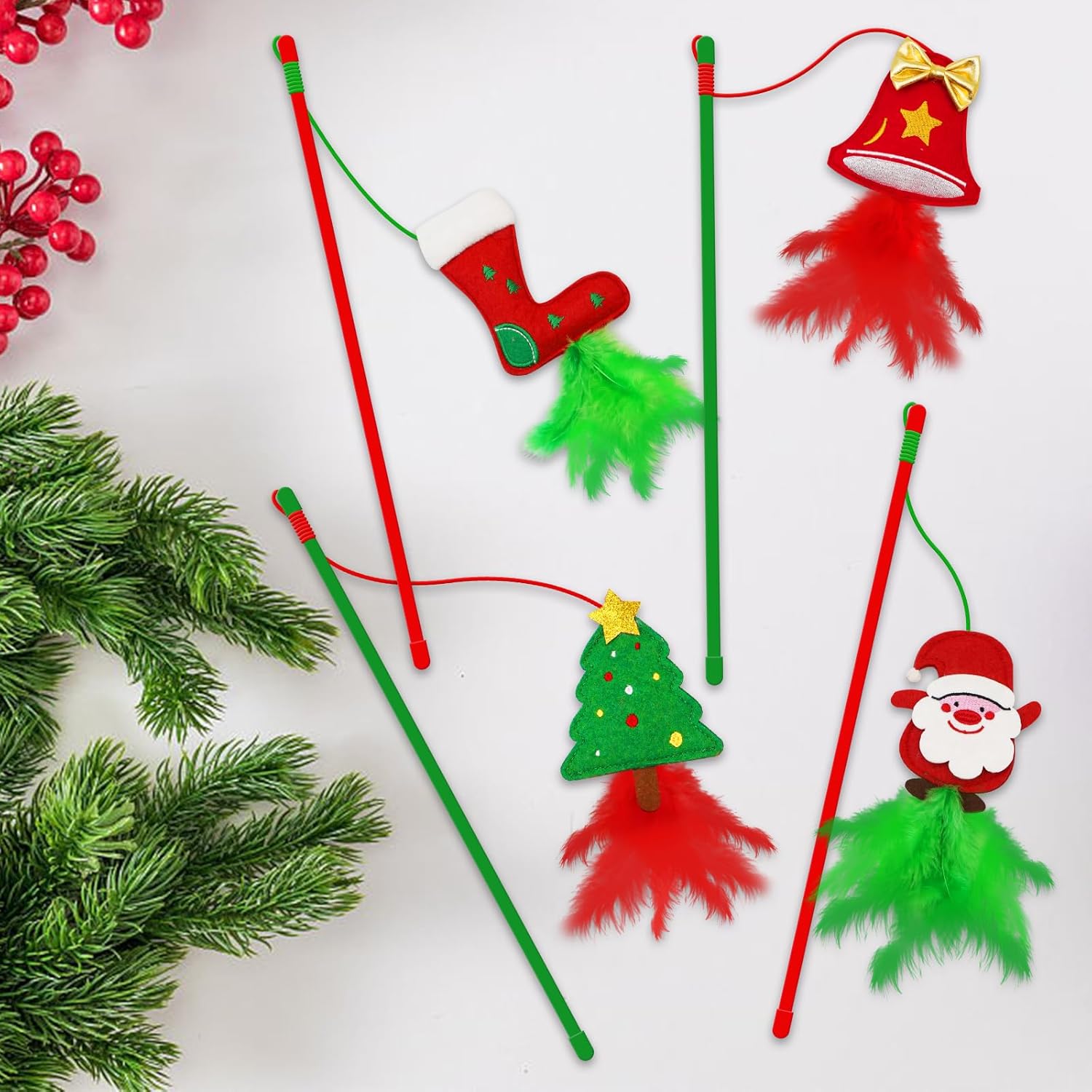 Christmas Cat Toys，4 Pack Cat Wand Toys for Indoor Cats Gifts with Catnip and Feathers, Wand for Cats and Kitten