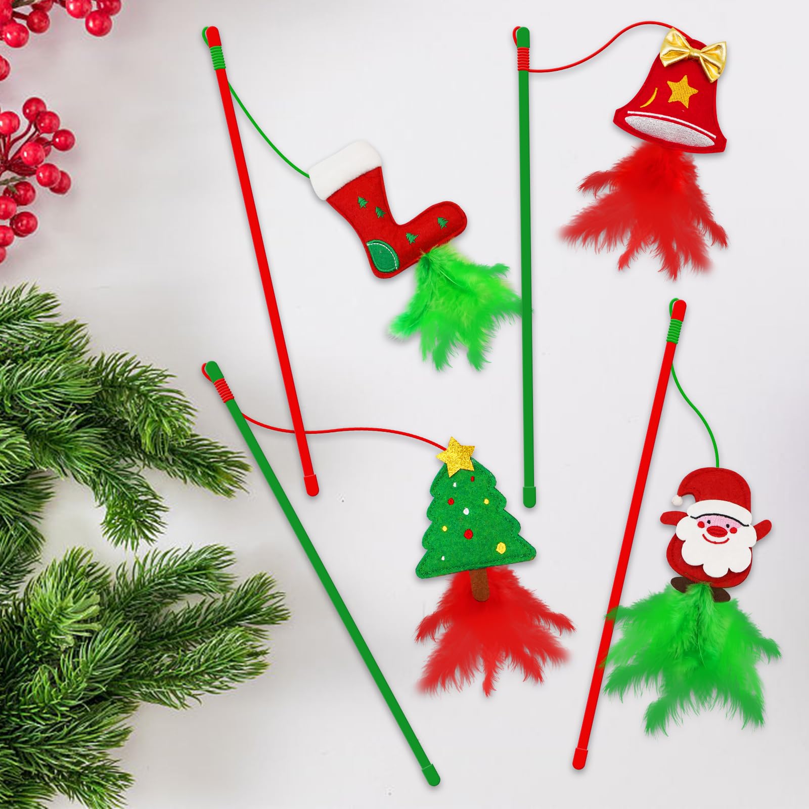 Juguetes de Navidad para gatos, paquete de 4 juguetes de varita para gatos de interior, regalos de gato con hierba gatera y plumas para Navidad, varita de gato de Navidad para gatos y gatitos