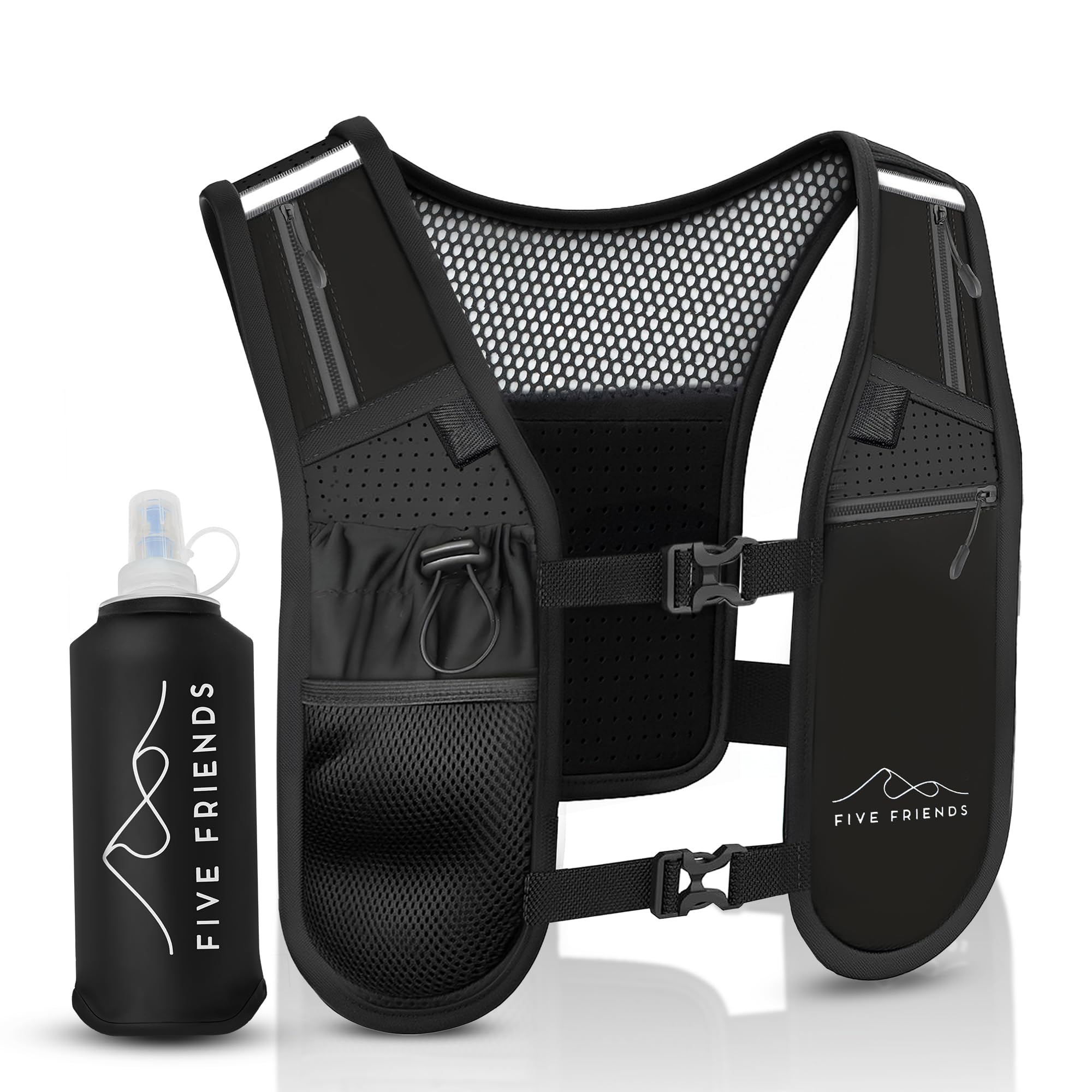 Running Vest with Water Bottle – Lightweight Reflective Hydration Vest with 6 Pockets – Adjustable Running Backpack for Men & Women, Ideal for Marathon & Night Trainings (Vest+Bottle, Unisex)