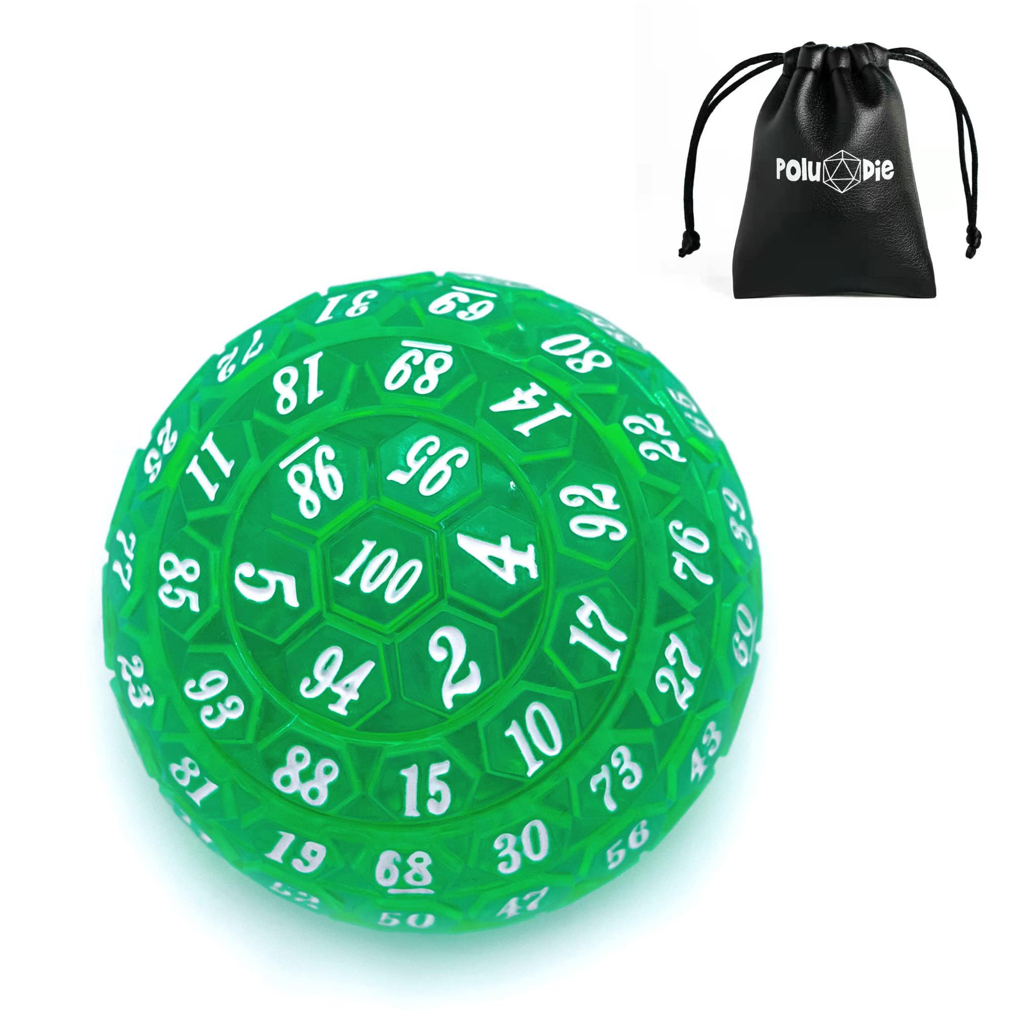 Poludie 100 Sided Polyhedral Dice, Single D100 Game Dice, 100 Sided Cube with Black Pouch, D100 die 48 mm (Green with White Number) — image 1