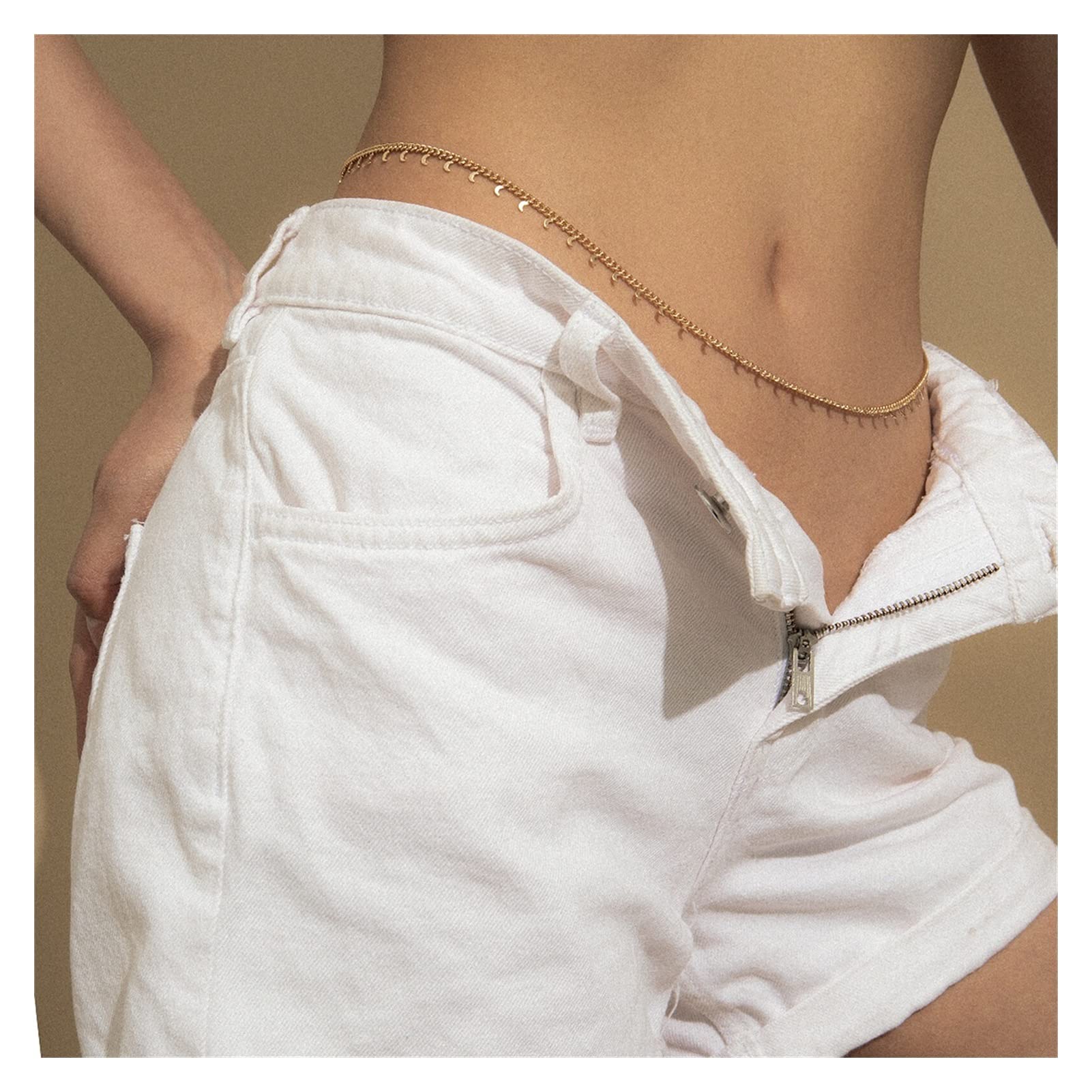 Body Chain Damen Kette - Goldfarbene einfache Strandkette mit Kreuzband für Taille und Bauch - Schwarze Harnaskette - Edler Schmuck für Damen - Accessoires