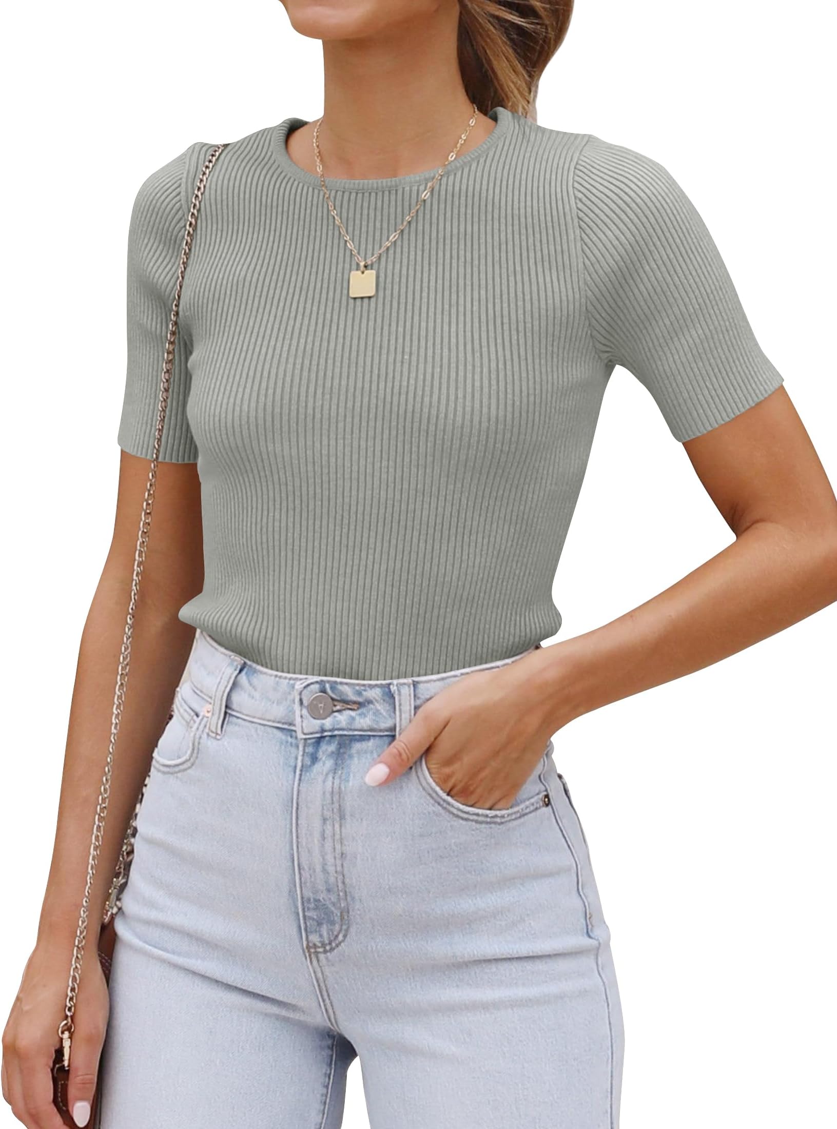 Women's Short Sleeve Sweater Tops 2026 Summer Crewneck T Shirt Ribbed Knit Slim Fit Basic Solid Color Tee