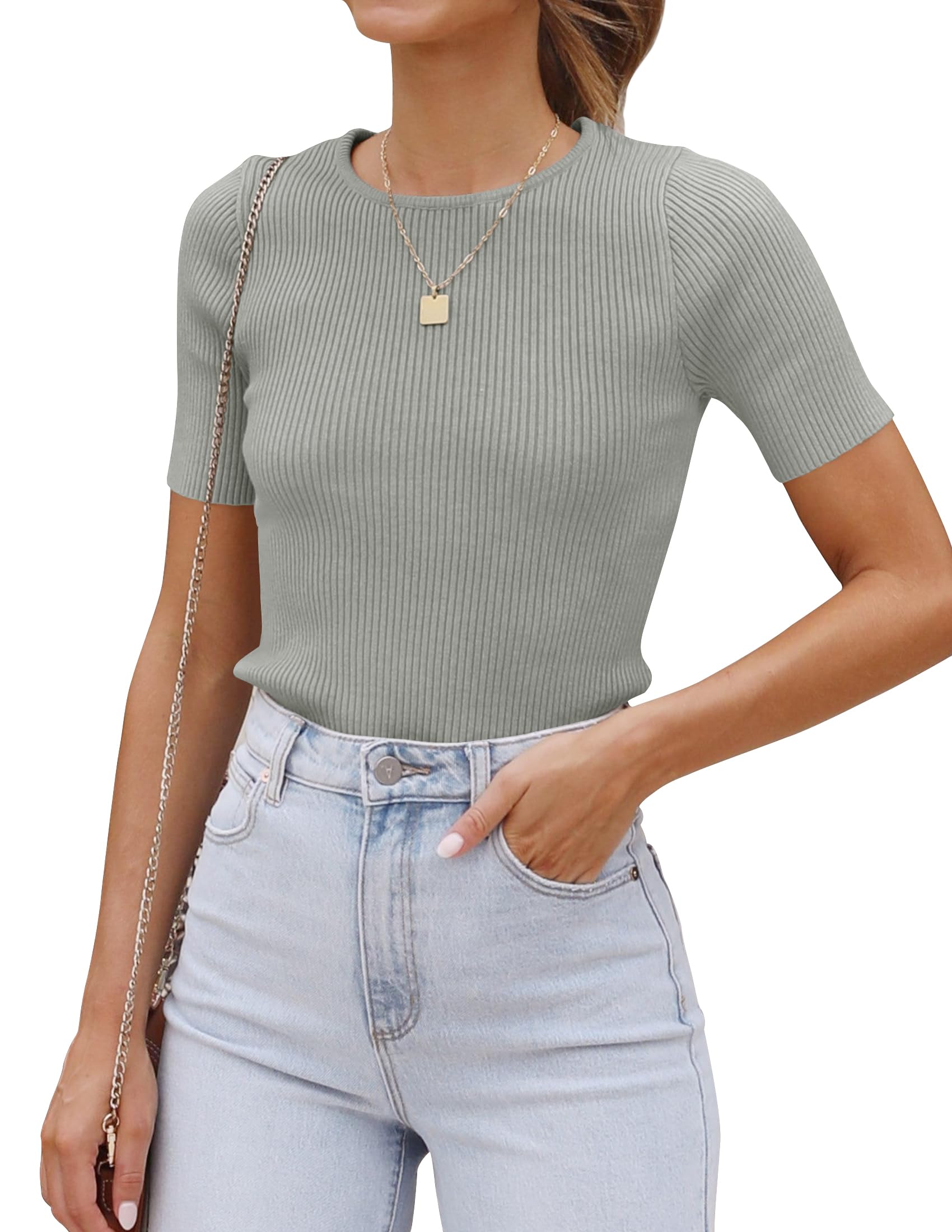 ZESICA Women's Short Sleeve Crewneck T Shirt Summer Ribbed Knit Slim Fit Basic Solid Color Tee Tops