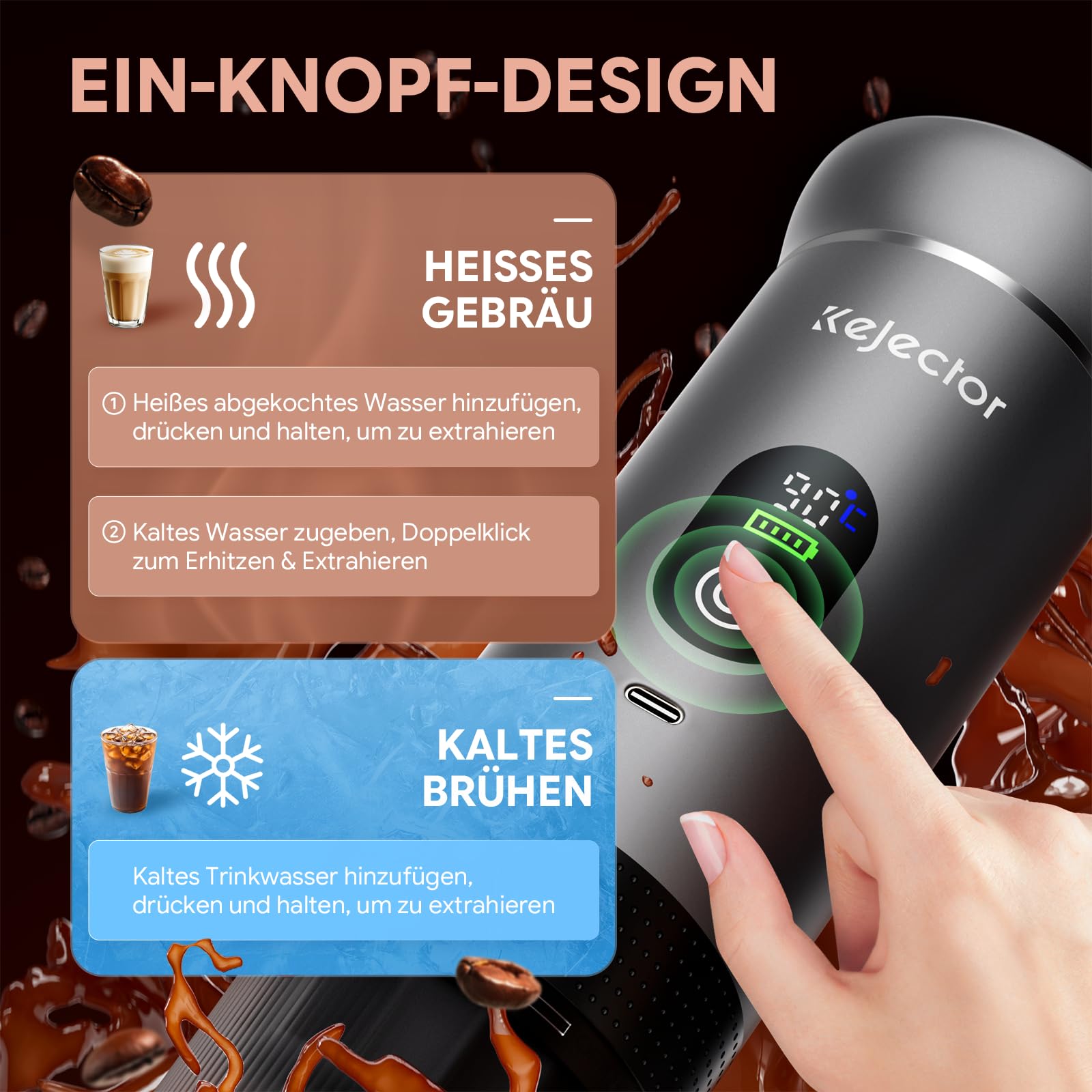 kejector Máquina de Espresso Portátil con Batería, Cafetera Espresso Portátil, Nano Cafetera Automática 3 en 1 para Café Molido y Cápsulas, Ideal para Viajes, Camping, Senderismo y Autocaravana