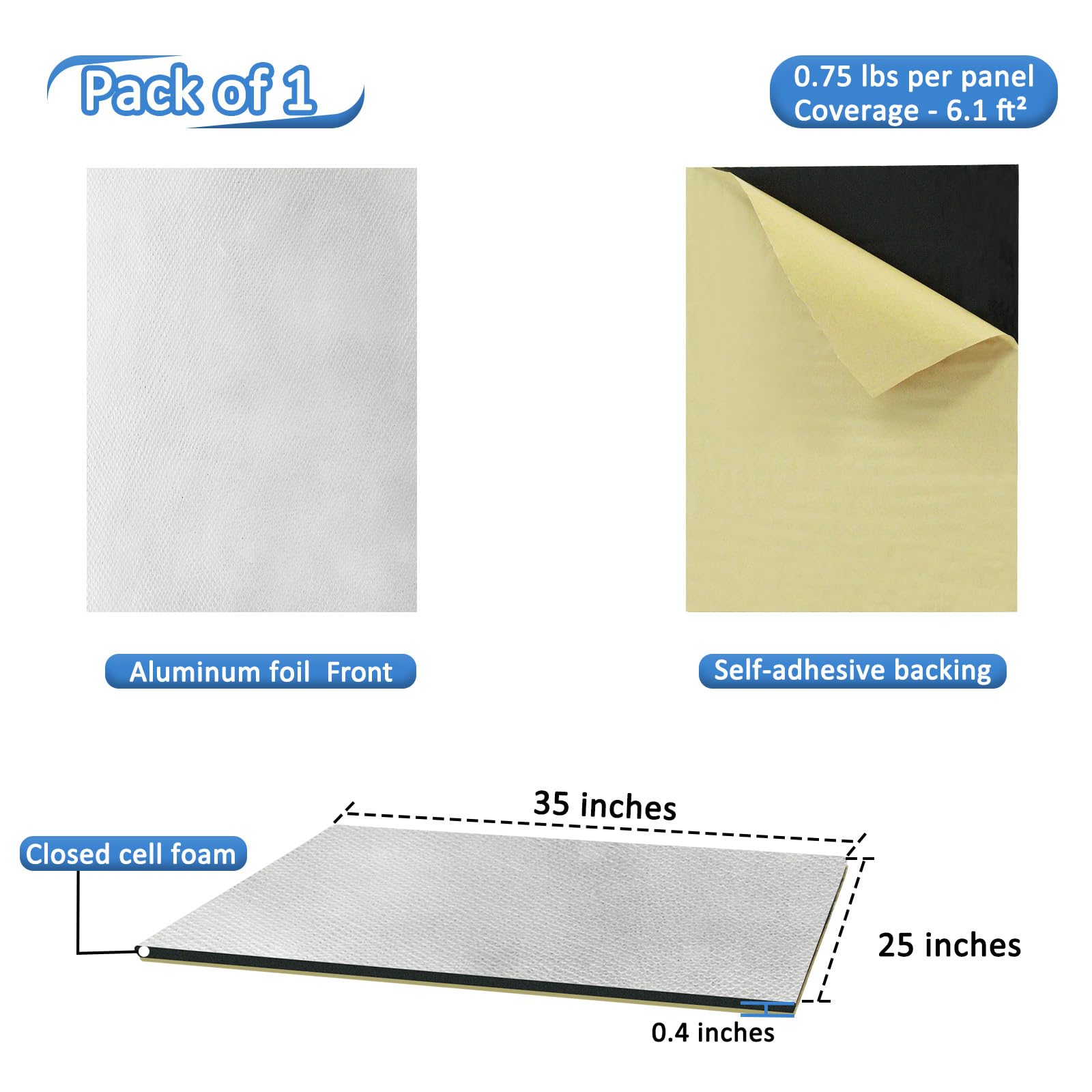 TroyStudio Pannelli autoadesivi in schiuma a celle chiuse, acustici, 89 x 63,5 x 1 cm, 1 foglio di alluminio riflettente, isolamento termico, isolamento acustico per auto, finestre, porte, tubi